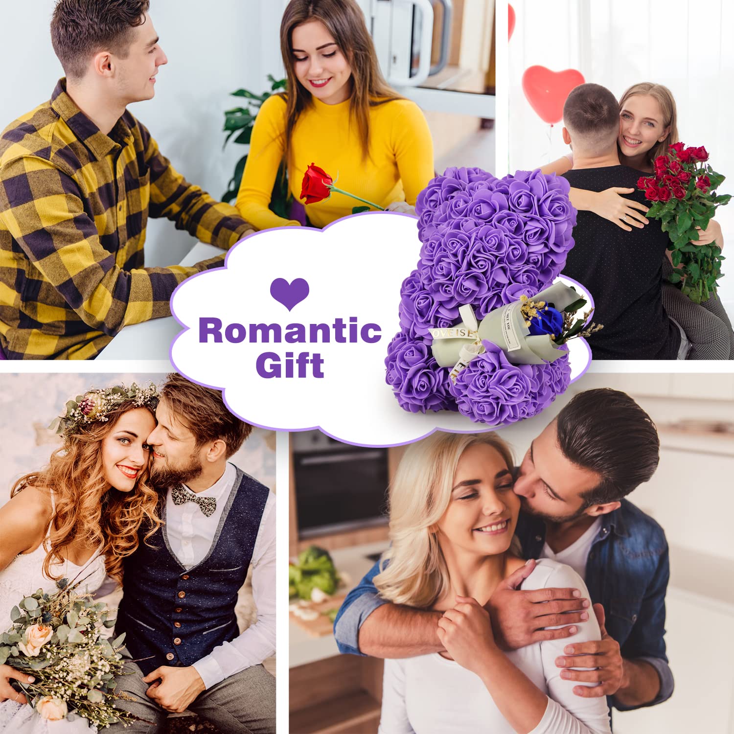 Regalo de Fiesta de Las Madres, Regalo de San Valentín, Oso Rosa, Regalo de San Valentín, Regalo de cumpleaños, Regalos románticos para Mujer (Violeta)