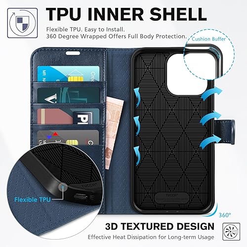 Miniatura 5 de TUCCH Funda para iPhone 15 Pro Max con función atril magnética bloqueo RFID 4 ranuras para tarjetas carcasa interior de TPU Funda protectora de piel