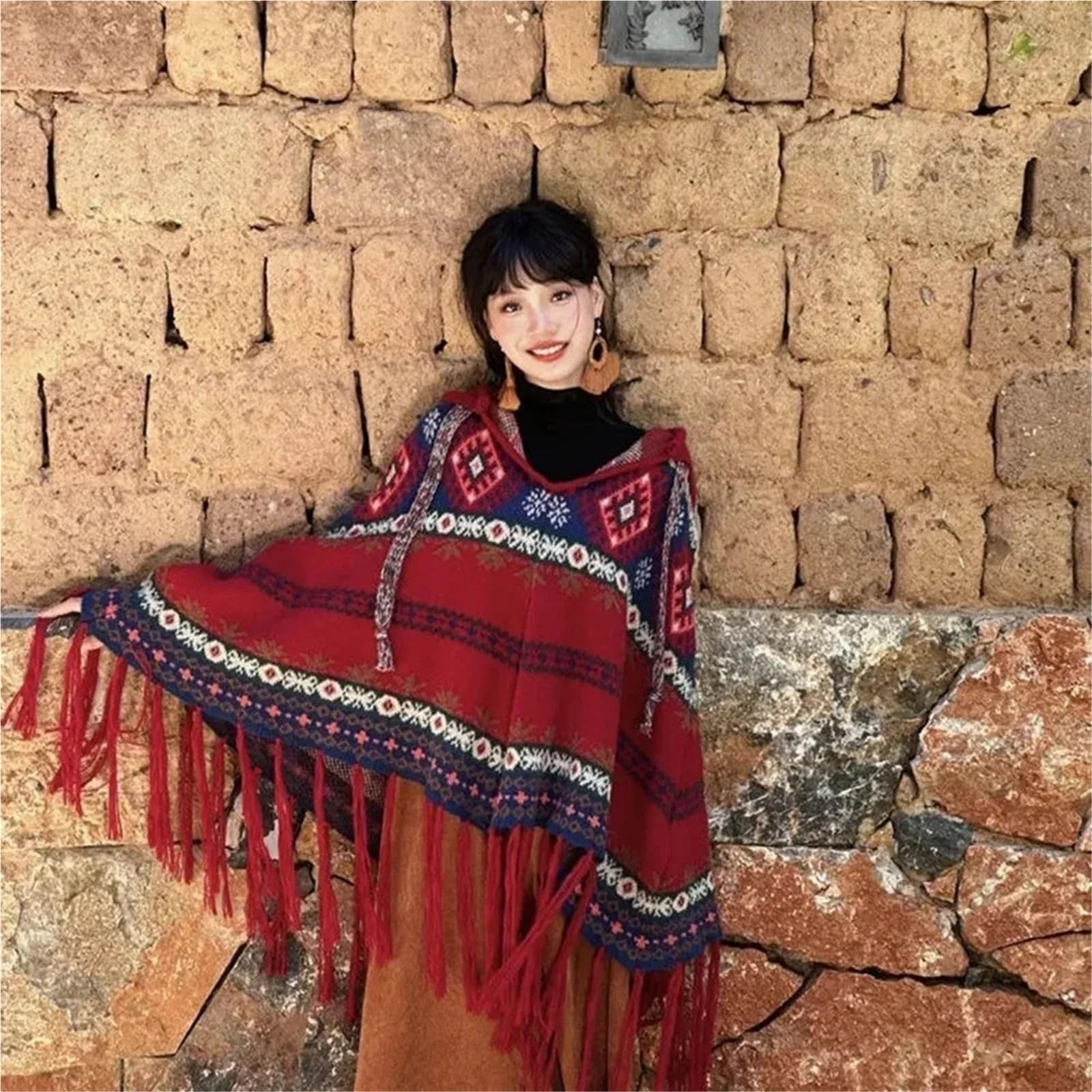Poncho Donna Poncho Invernale da Viaggio, da Donna, Stile Boho, Vintage, Natalizio, con Cappuccio, Scialle, Maglione, Cappotto