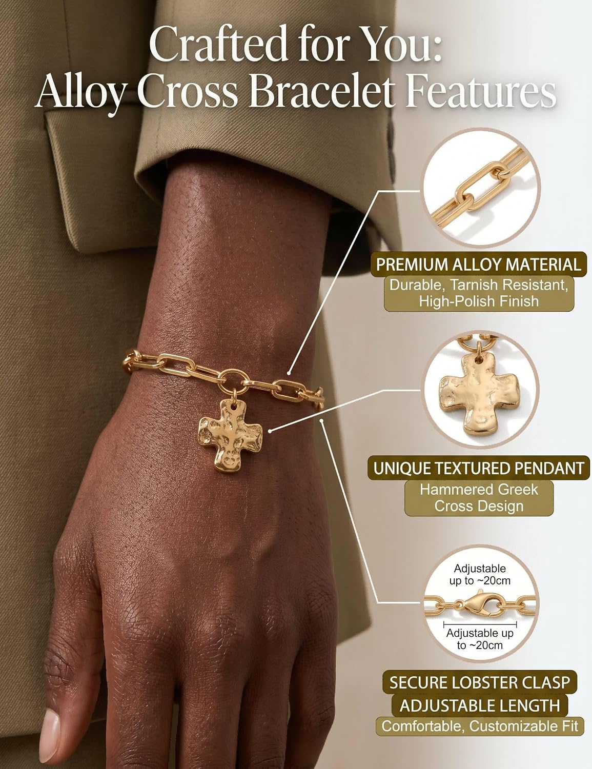 Chunky Hammered Cross Bracelet for Women, Bold Gold Paperclip Chain Bracelet, Statement Religious Jewelry