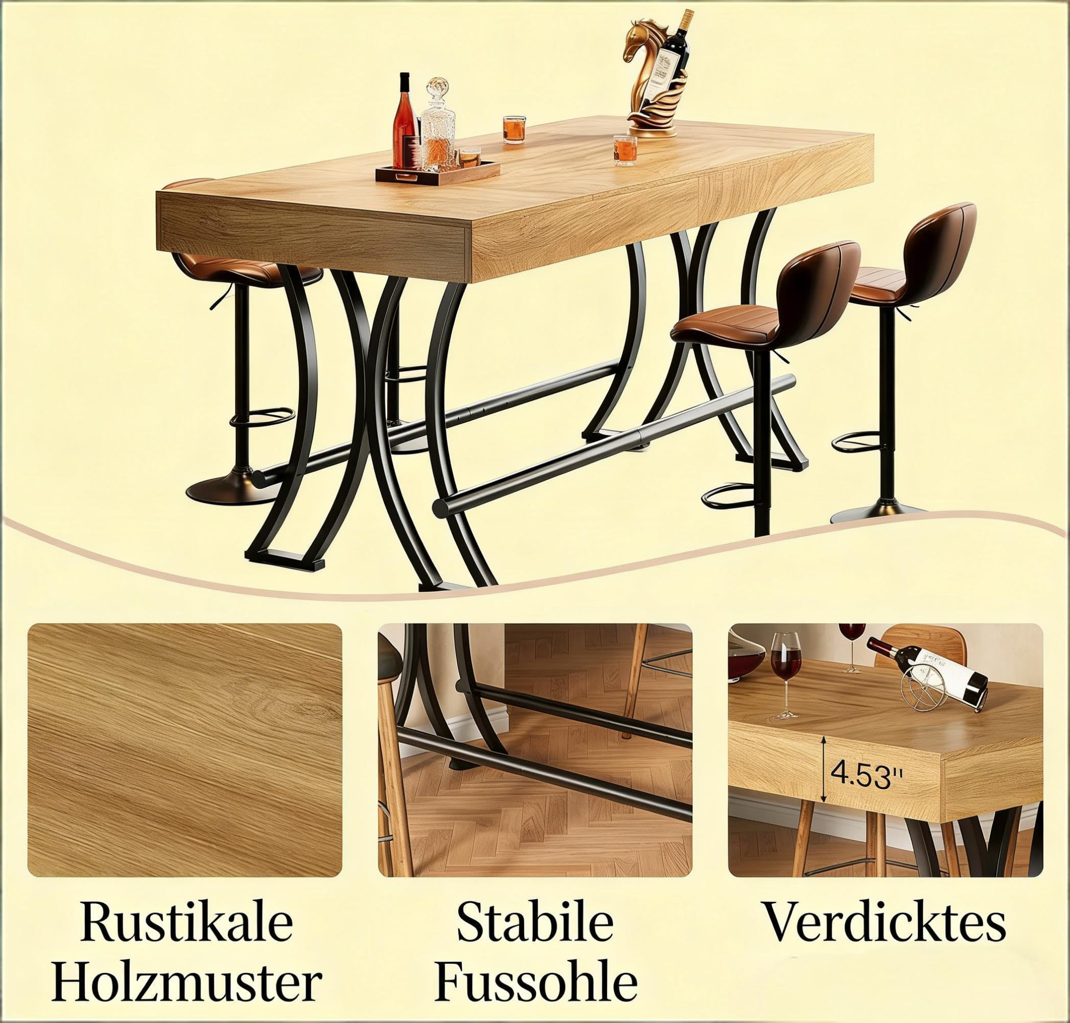 Tavolo da bar a isola da cucina, 160 x 70 cm, tavolo da pranzo industriale per 6-8 persone, altezza 90 cm, con poggiapiedi, effetto legno e metallo, nero/marrone