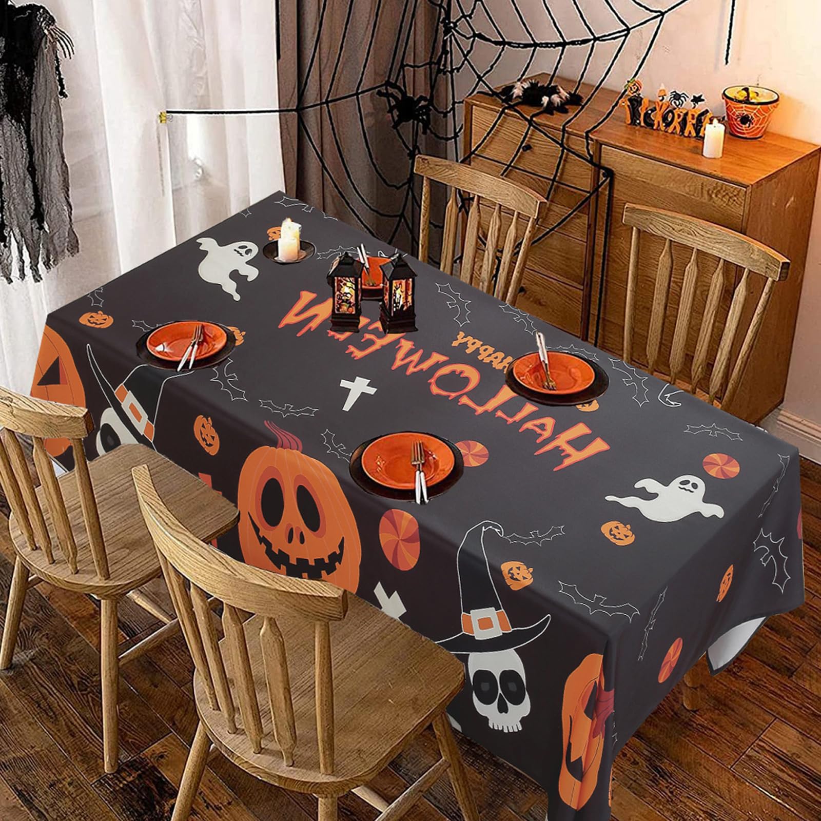 LaolitouHalloween Tablecloth Rectanglar Waterproof Fabric Pumpkin Ghost Print Reusable Table Cloth Wrinkle Free Washable Table Cover for Party Decor Kitchen Rectangle Table 60X84 Inches, Black