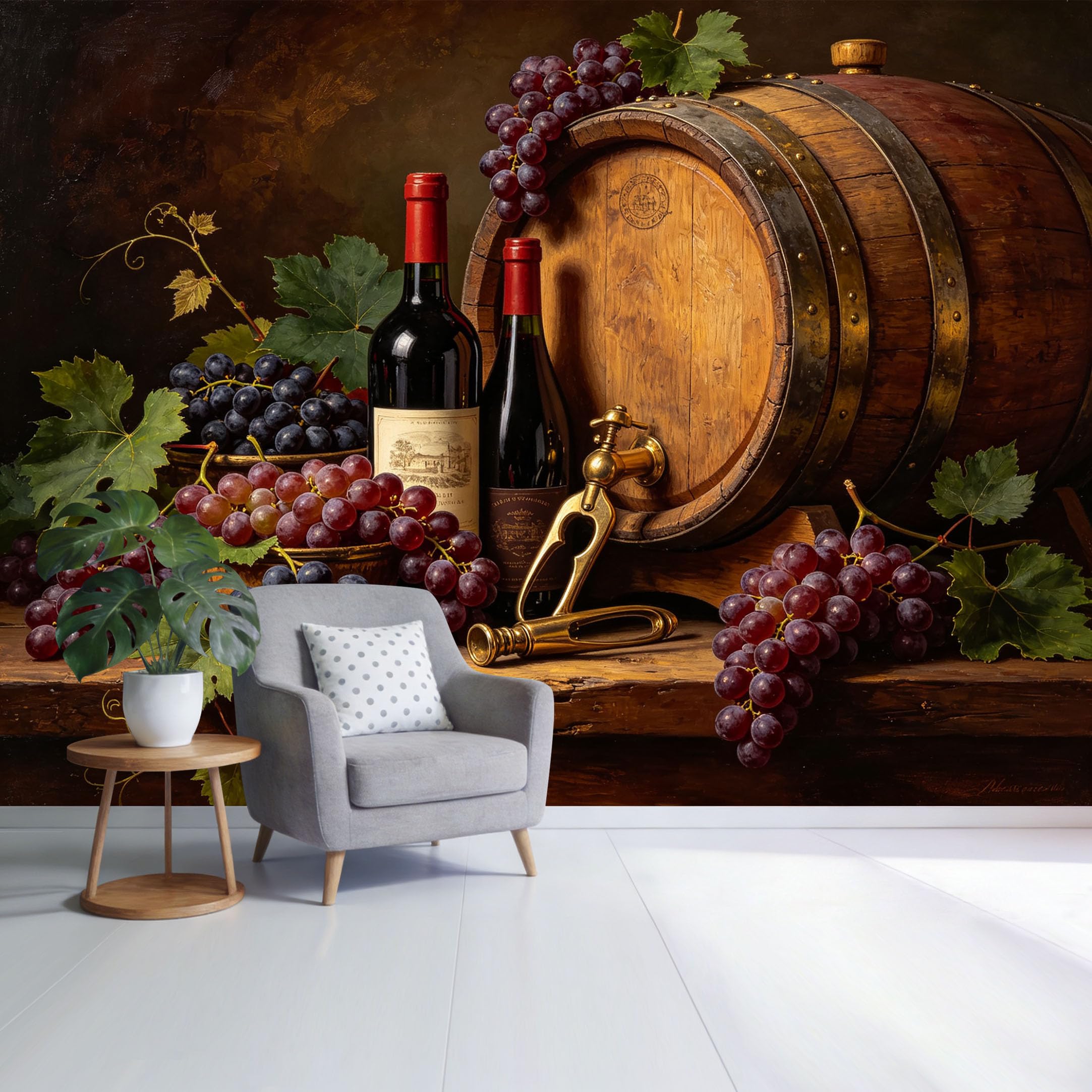 Custom Size Wall Mural Wine Barrel Red Grapes Bottles Still Life Vintage Rustic Style SelfAdhesive Wall Fabric Removable Wallpaper for Home Office Decor