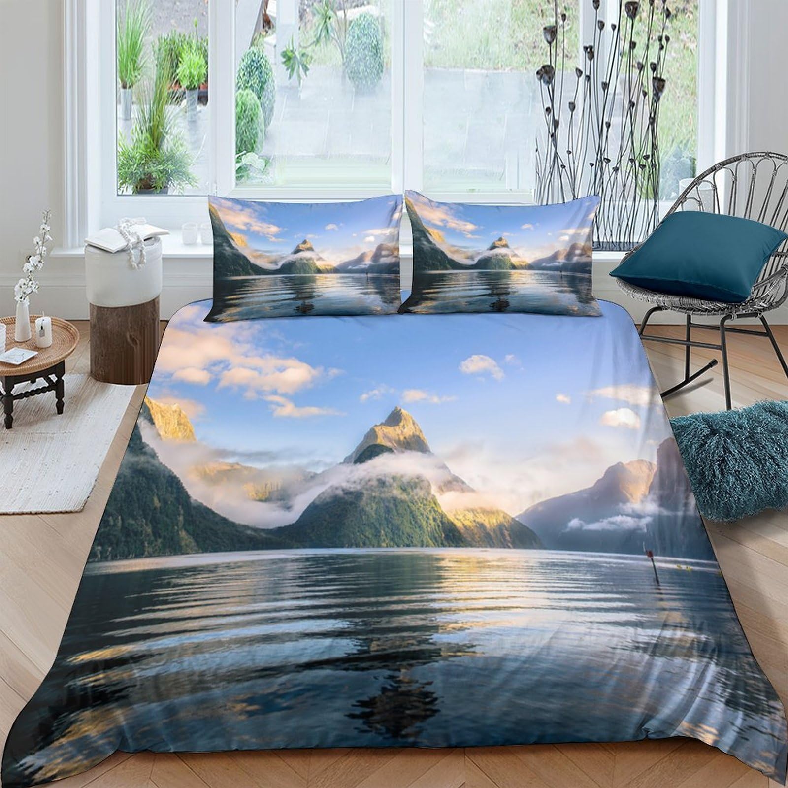 Ctjqhvkz Style-2 3D Printed Mountain Lake Fitted Sheet Microfiber Soft Blue Sunset Landscape Mattress Cover For Bedroom Guest Room Decor Single（135X200cm）