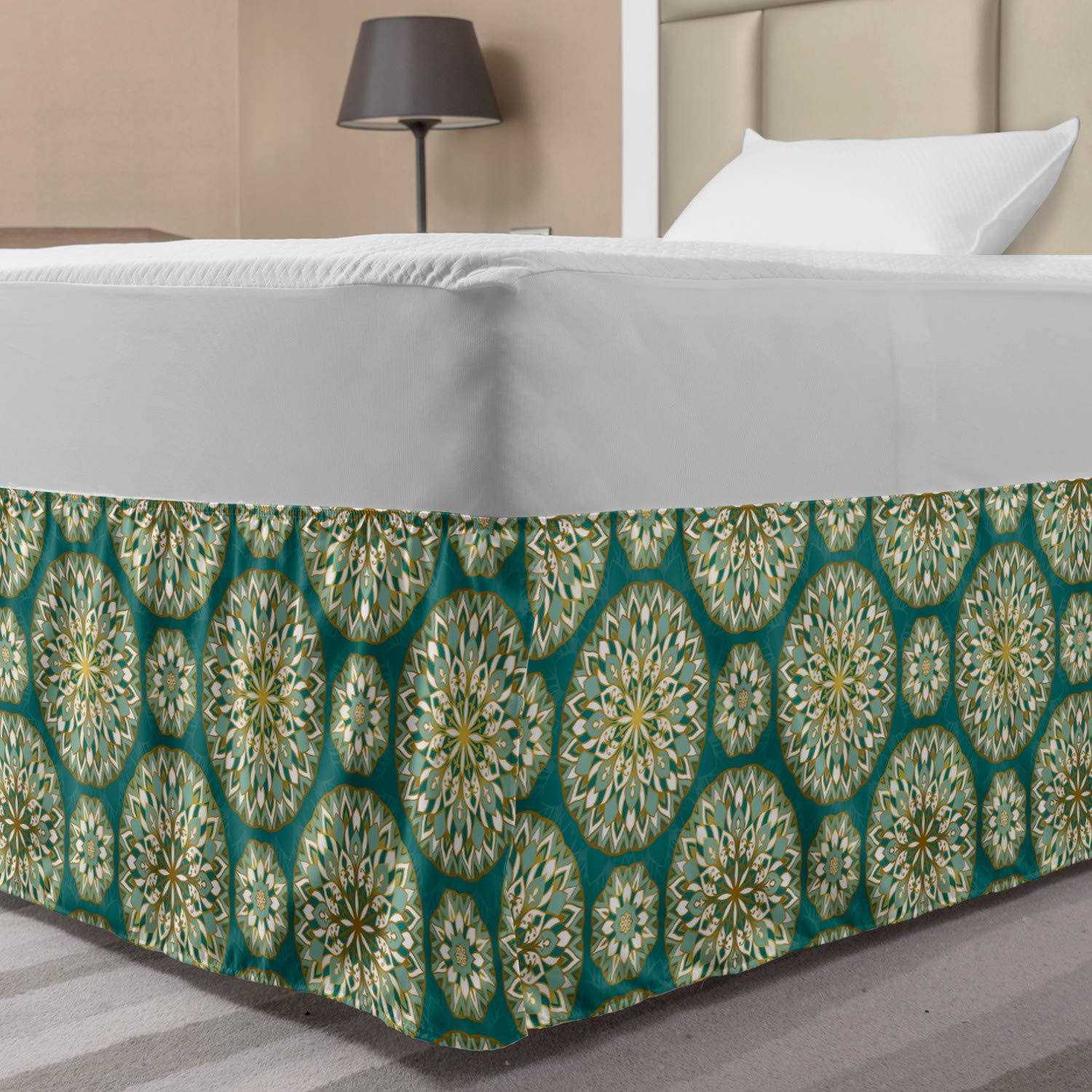 Lunarable Turquoise Elastic Bed Skirt Round Pattern with Emerald Mandala Elements Eastern Oriental Wrap Around Fabric Bedskirt Dust