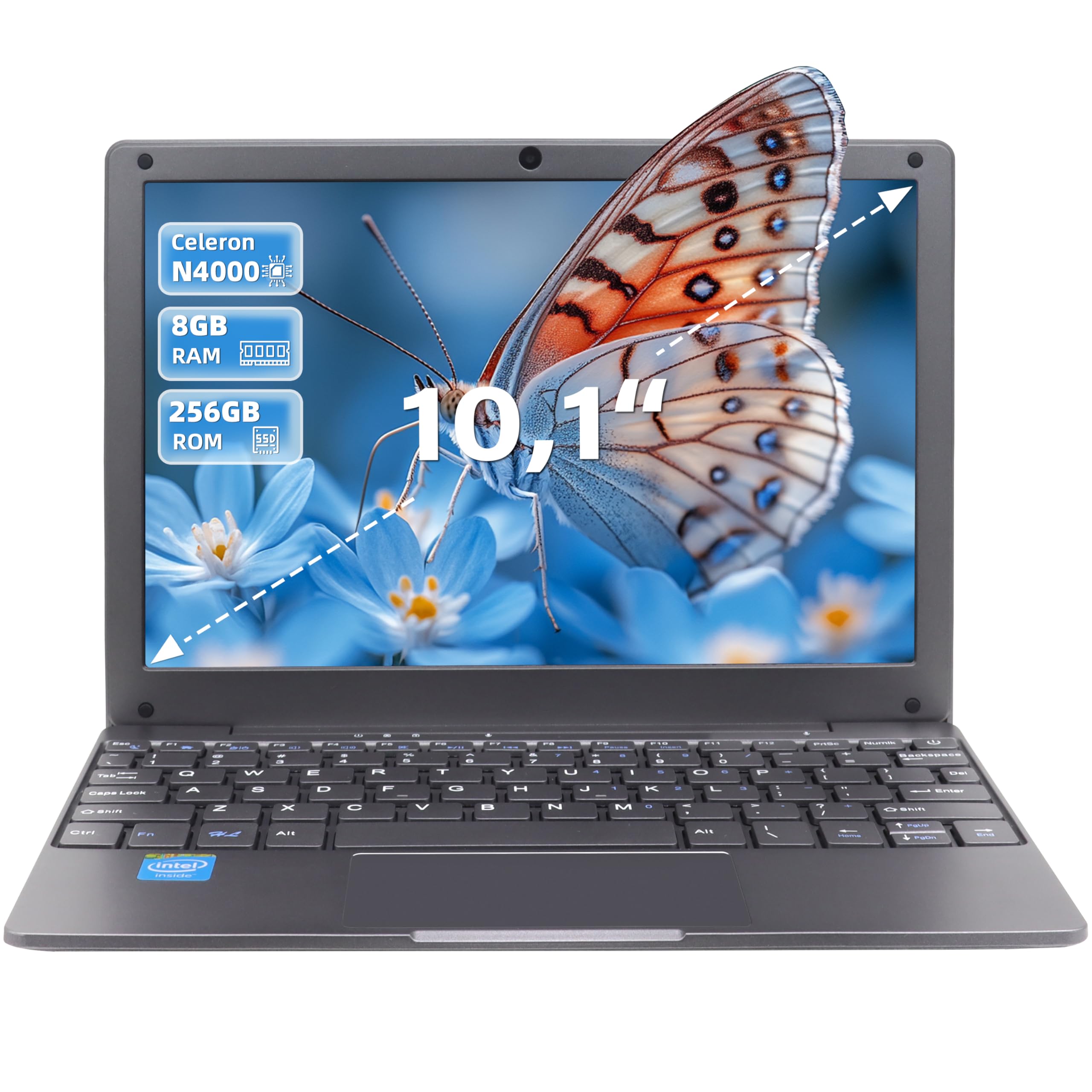 10.1-inch Portable Mini Pink Laptop Computer, DDR4 8GB RAM, 256GB SSD, Celeron N4000, Built-in Webcam, Notebook with WiFi, HDMI, Bluetooth, Type-C Charging, Easy to Carry（Transparent Gray）