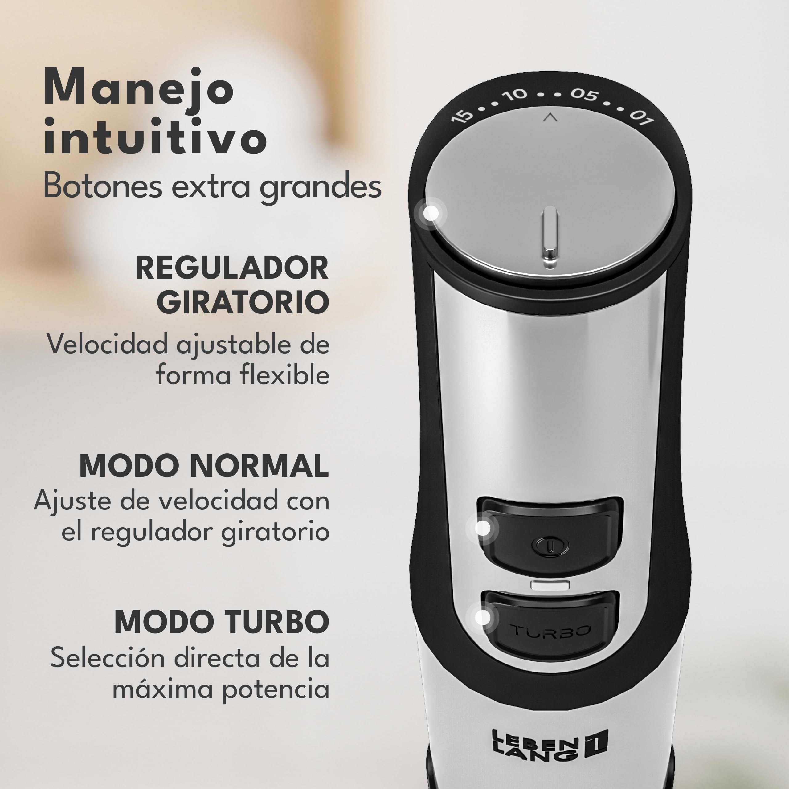 LEBENLANG Batidora mano de 1500W de acero inox - Jarra medidora de 800 ml & protector contra salpicaduras I Ajuste continuo & turbo I Procesador de alimentos Minipimer Blender Varinha magicas cozinha