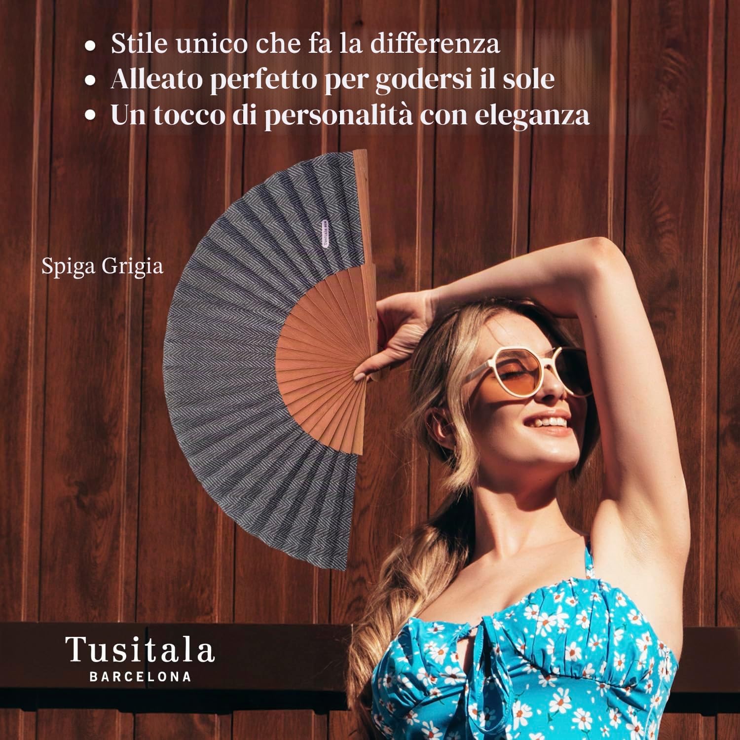 Ventaglio spagnolo Espiga Marrón - Legno e cotone - 23 cm - Custodia in yute natural - Accessorio moda - Fatto a mano in Spagna - Eventi e regali - La nostra collezione classica - Tusitala Barcelona
