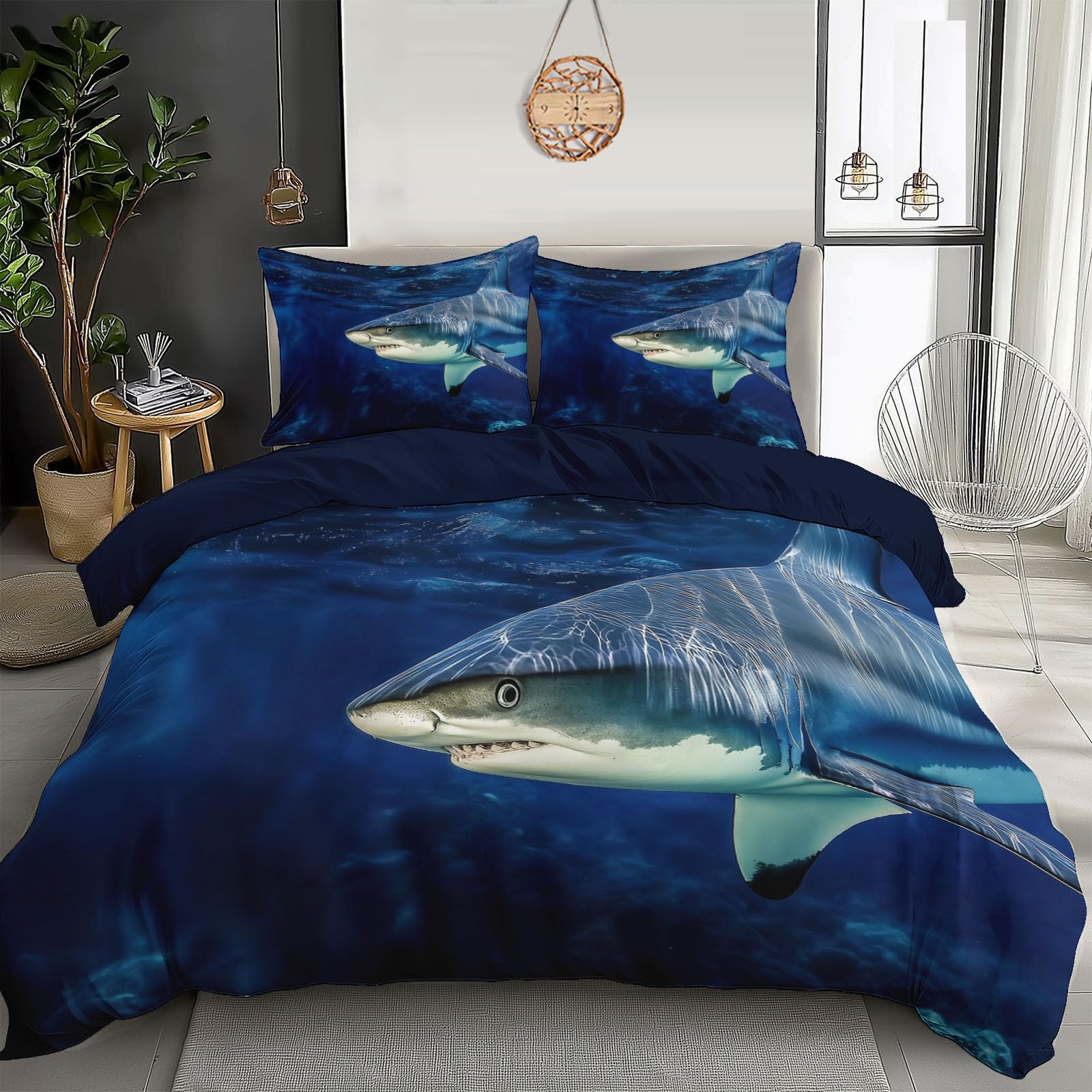 Housse de couette requin bleu 140x200 parure lit fermeture éclair