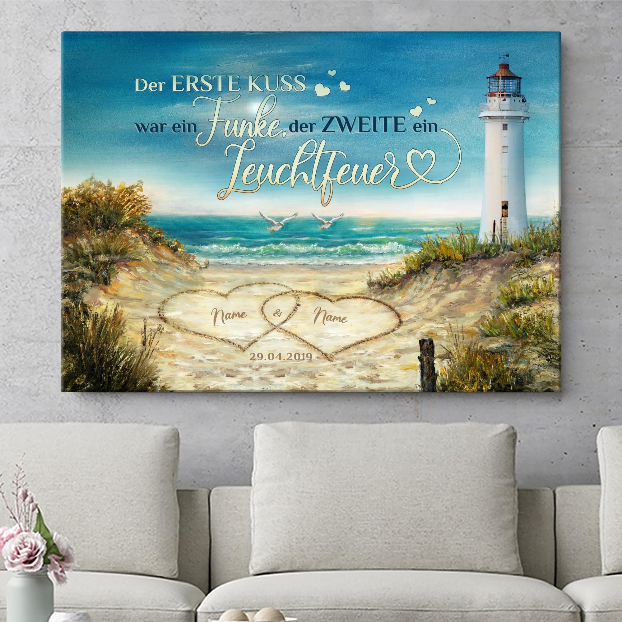 Liebesleinwand Leinwandbild personalisiert | Leinwand gestalten mit Namen und Datum Geschenk für Partner | Leuchtfeuer der Liebe