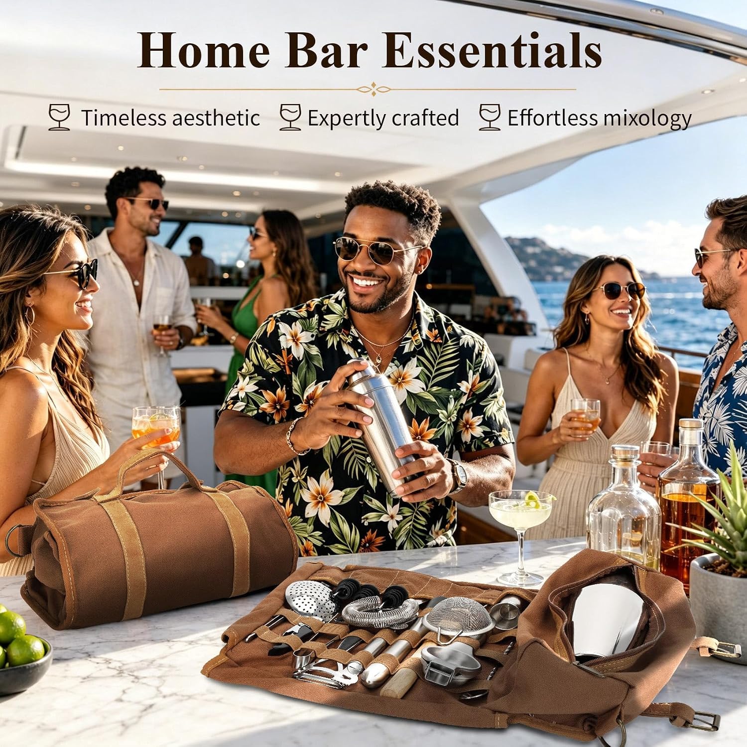 Portable Bartender Kit with Canvas Roll-Up Bag, Complete Cocktail Shaker Set & Stainless Steel Bar Tools for Home Bar, Camping, Parties and Travel