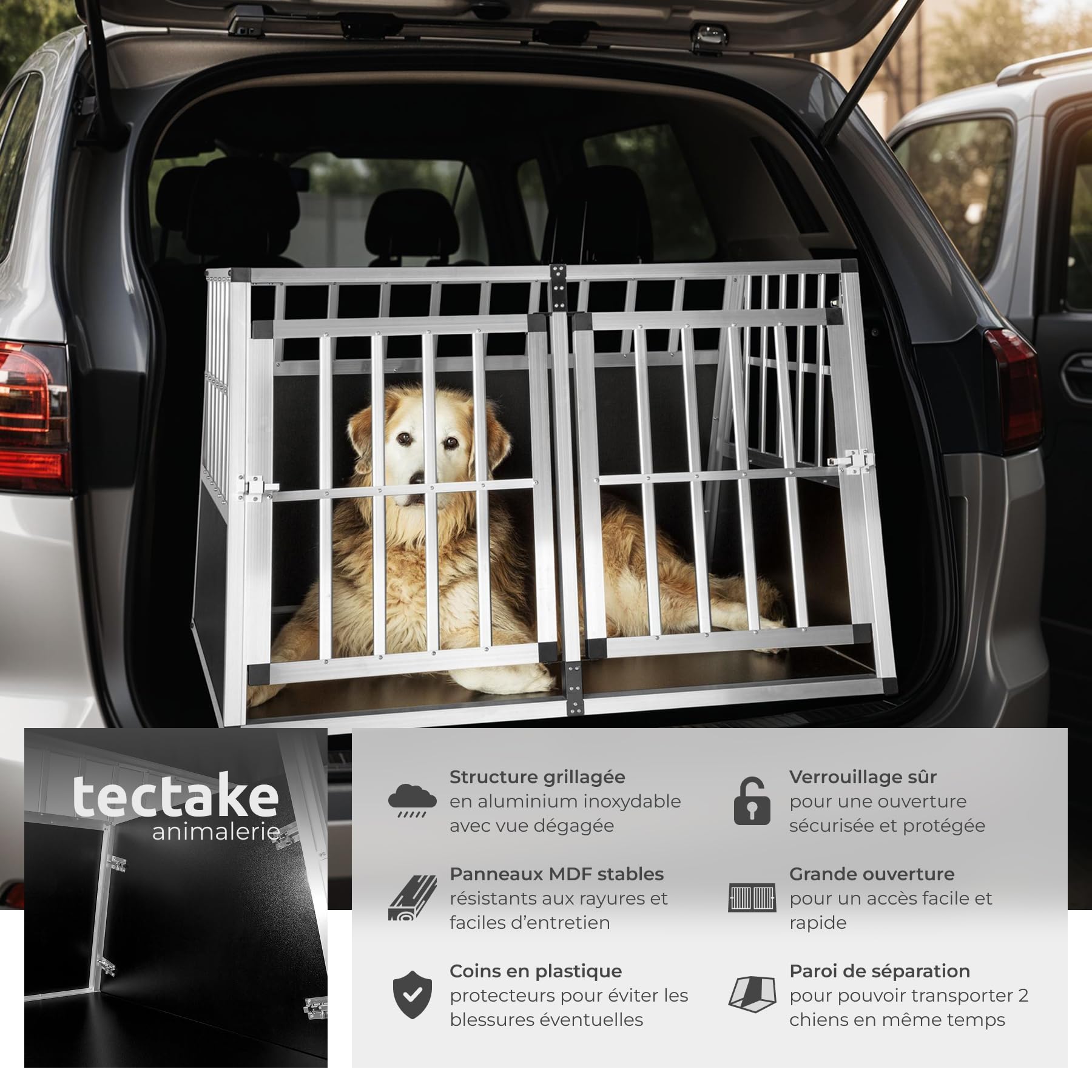 tectake® Caisse de Transport pour Chien légère & Solide Cage de Transport Chien Double pour Transport Chien Voiture, Maison ou Jardin avec cloison Cage pour Chien Max. 2 Chiens - 104 x 90,5 x 69 cm