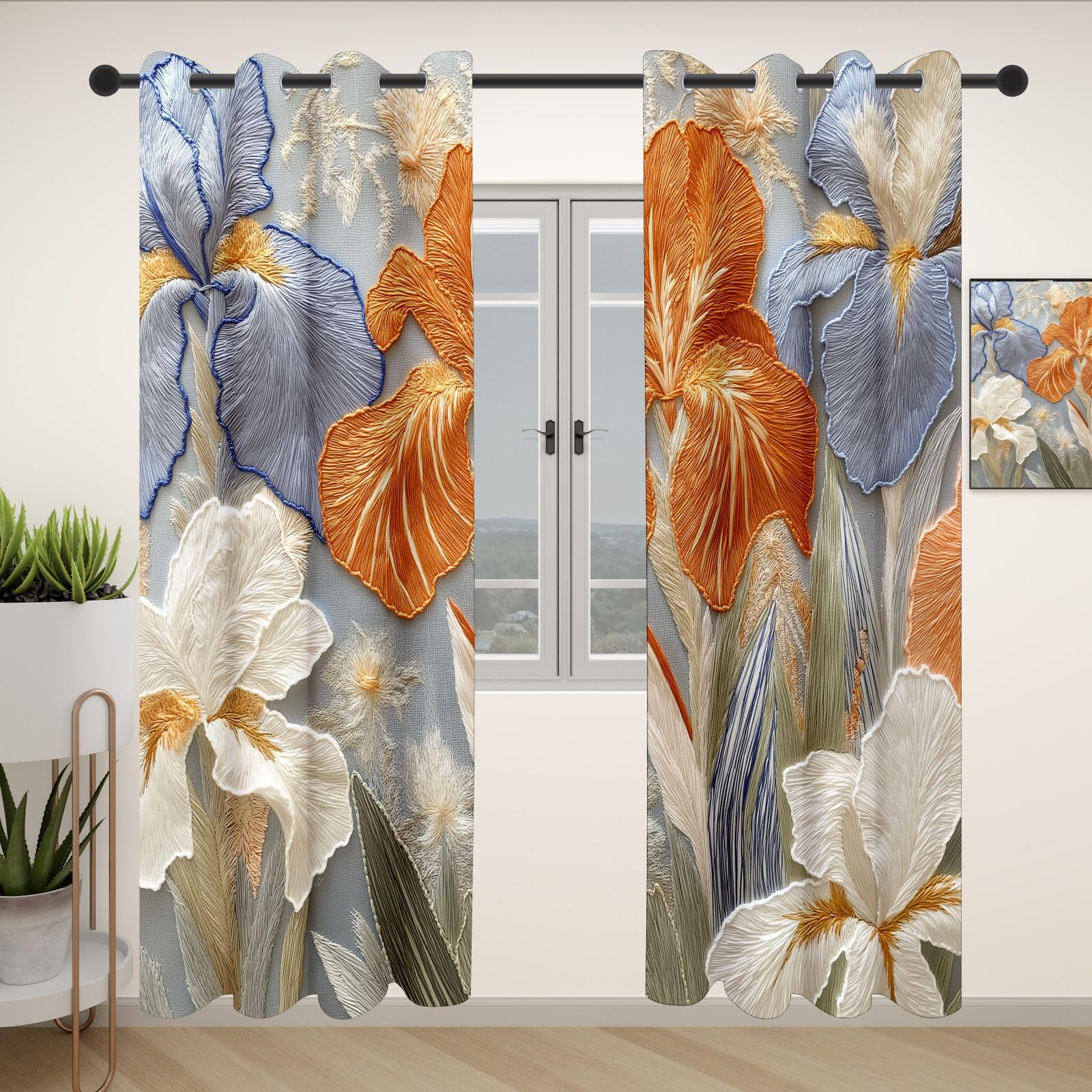 Simulation Stickerei Iris Gardinen mit Ösen Blickdicht | Elegant Blumenmuster Thermovorhang Kälteschutz Schallschutz, Schwertlilie Verdunklungsgardine 2er Set 240x132 Schlafzimmer