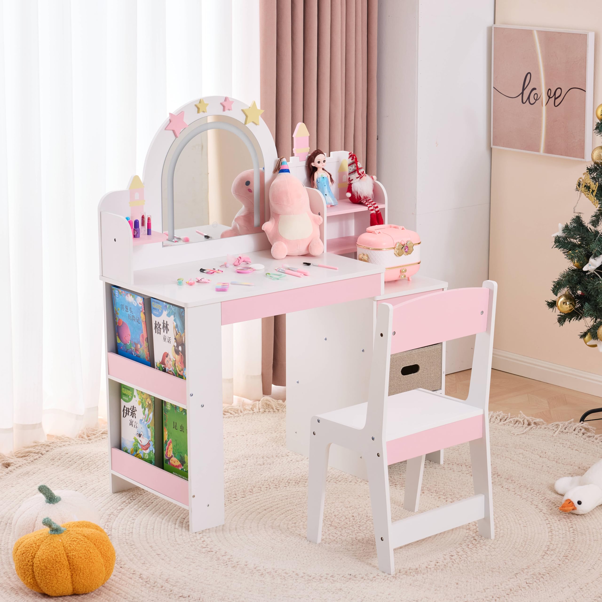LALAHO Schminktisch Kinder mit Hocker Frisiertisch Kinderschminktisch für Mädchen aus Holz mit Beleuchtung, Spiegel, 5 Schubladen & Bücherregal，-Kosmetiktisch Set für ab 3 Jahren，(Weiß)