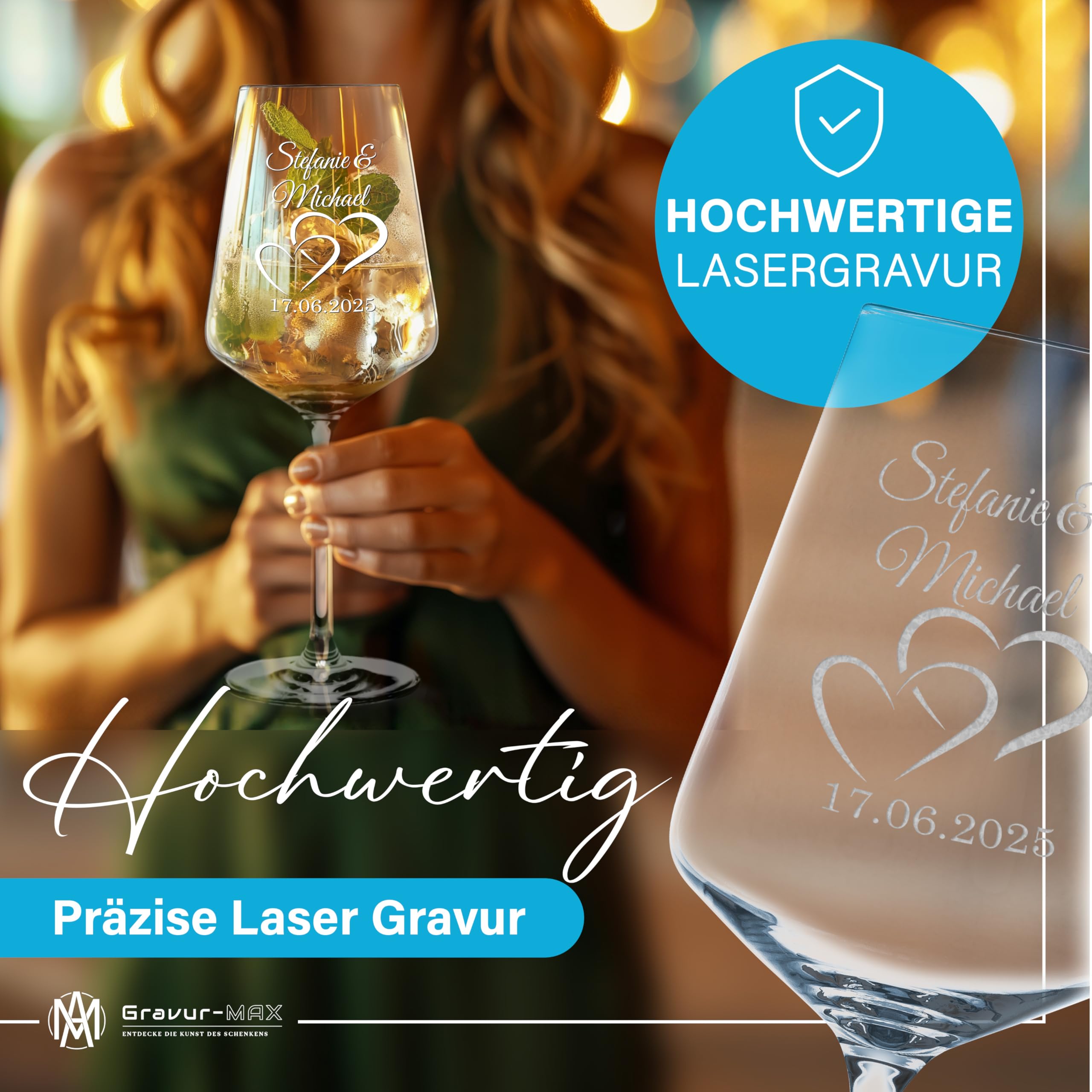 Weinglas 2er Set 560 ml „Nur die Liebe zählt“ - Herz-Glas – Leonardo Puccini Glas mit Lasergravur – personalisierte Weingläser mit Namen & Datum in Holzbox – Geschenk für Paare