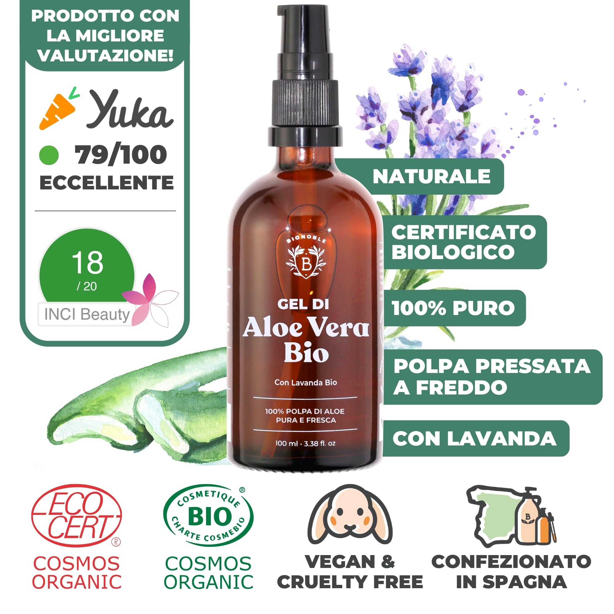 BIONOBLE Gel Aloe Vera Puro Biologico 97% con Olio Essenziale di Lavanda - Idrata e Lenisce - Aloe Vera Gel Puro per Capelli, Crema Pura Viso, Acne, Corpo, Doposole - Bottiglia di Vetro, Pompa - 100ml