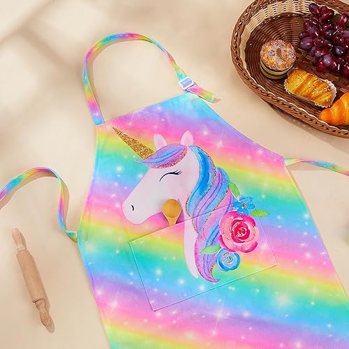 Miniatura 3 de MHJY Juego de delantal y sombrero de chef para niños, delantales para cocinar, hornear, pintar, lindo delantal con bolsillos para niñas de 3 a 12