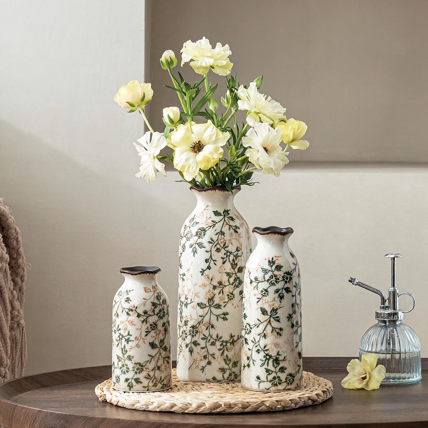 Ceramic Vase Set of 3, Vintage Green & Beige Chinoiserie Floral Vases, Rustic Grandmillennial Farmhouse Decor for Living Room, Kitchen, Bedroom