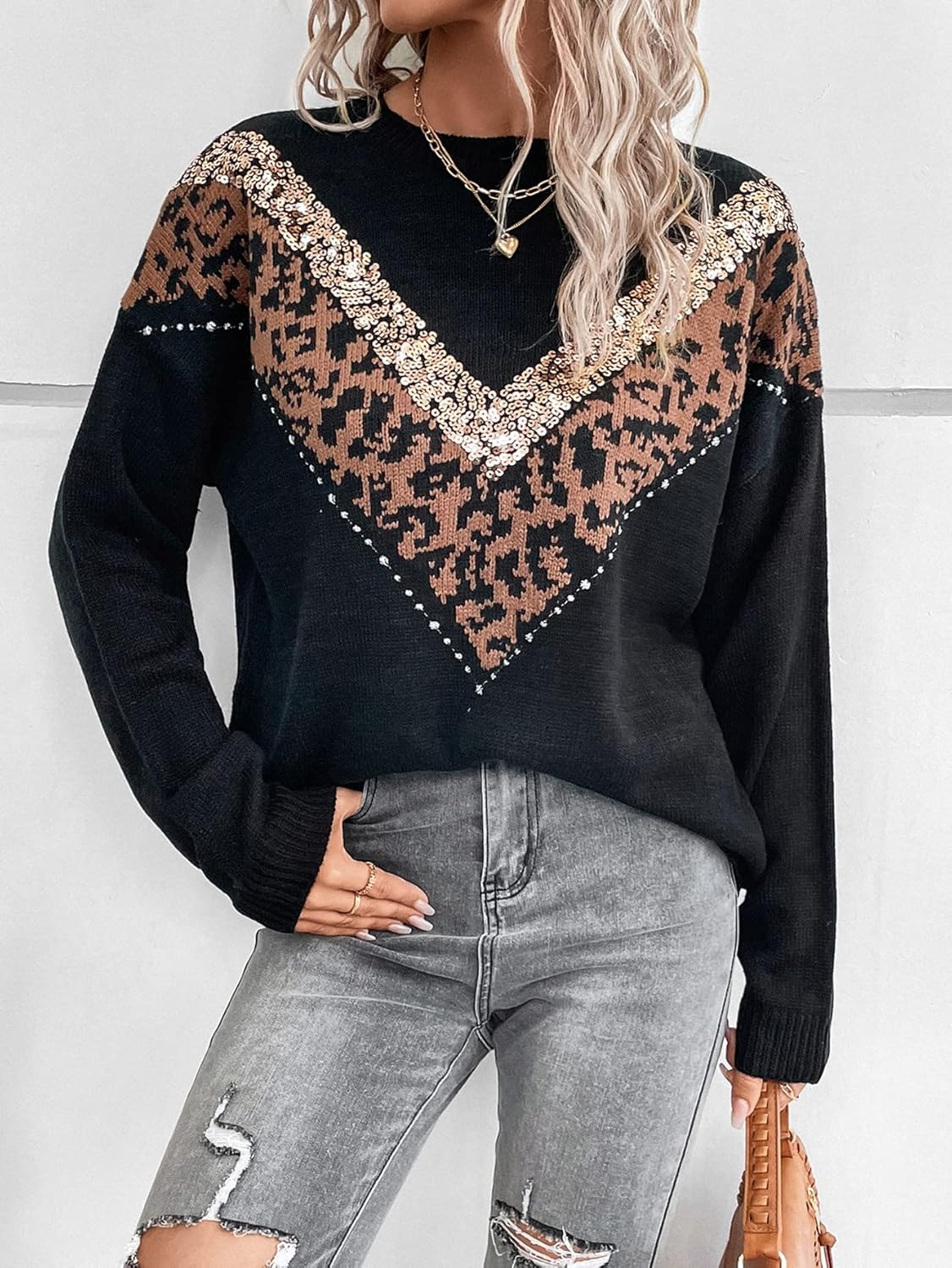 Women's Sweater Leopard Pattern Contrast Sequin Drop Shoulder Sweater Sweater for Women (Color : Black, Size : Medium)