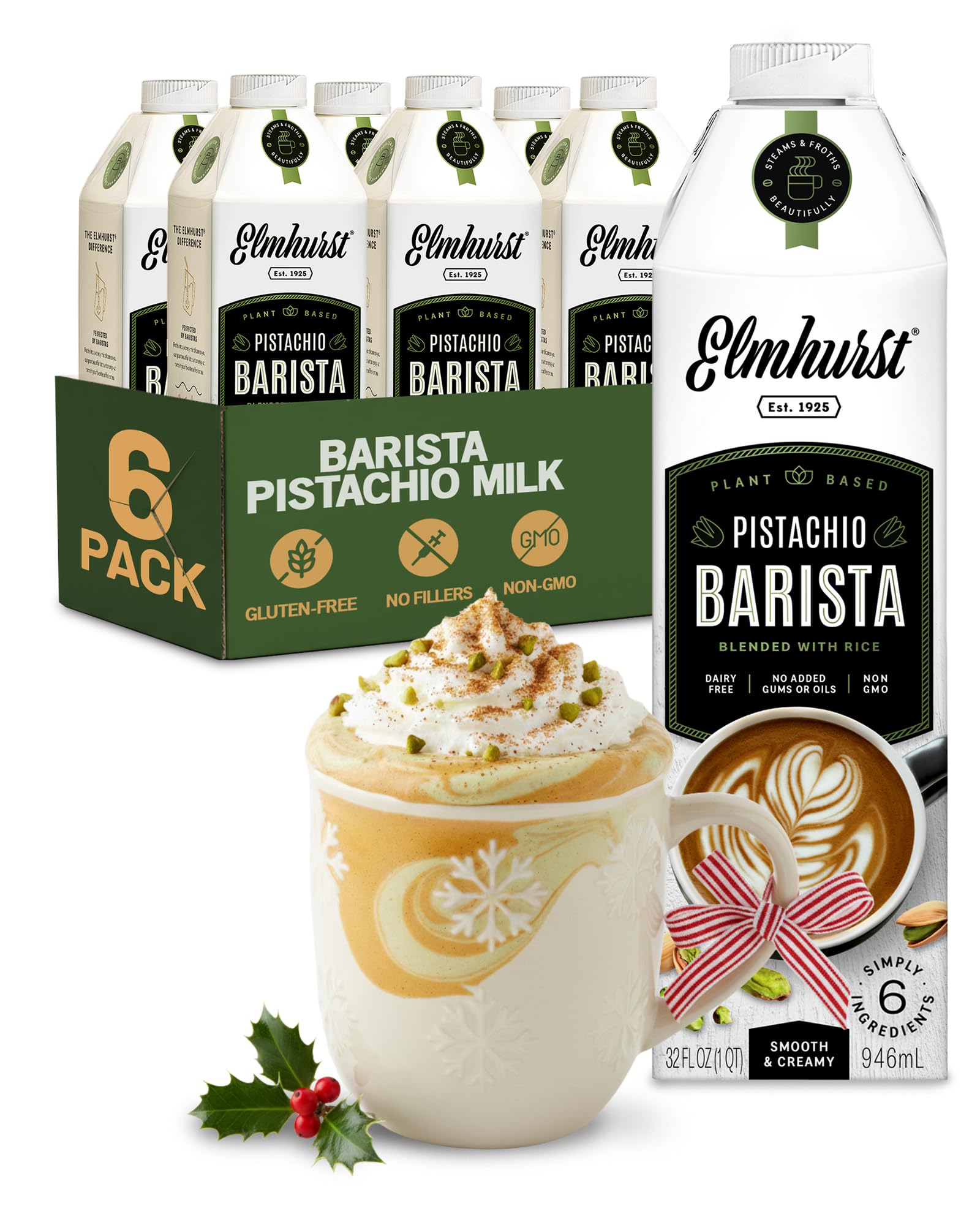 Elmhurst 1925 Pistachio Milk Barista Edition – 32 Ounce (Pack of 6) Plant-Based, Vegan, Dairy-Free, Non-GMO, Kosher, Froths for Lattes & Iced Coffee, 3g Protein per Serving, Simple Ingredients