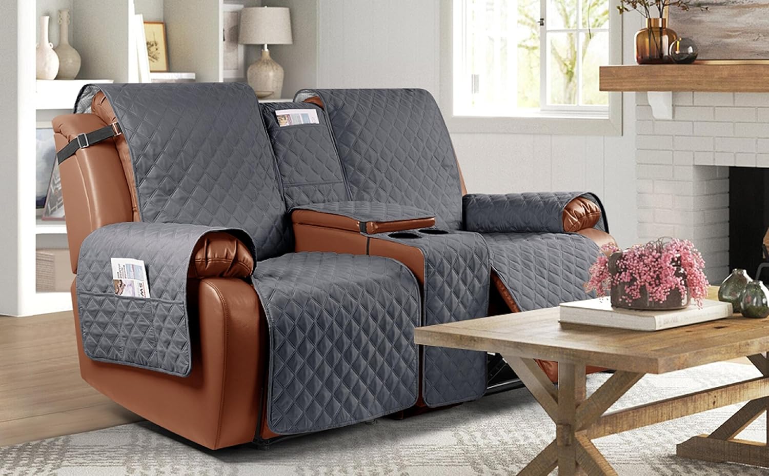 Recliner Couch Covers for loveseat with Console, Non-Slip Sofa Slipcover Furniture Protector with Elastic Straps for Kids, Gray Grey 2 seater