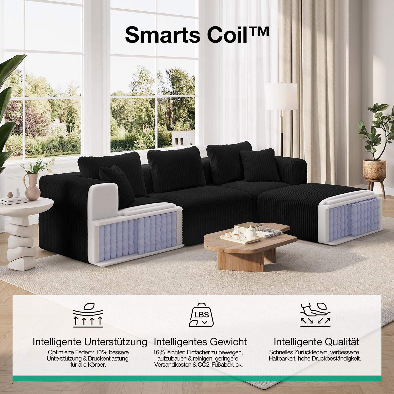 Novilla 90x90x65 cm Sofá Modular con Brazo Izquierdo en Terciopelo | Muelles Ensacados Smarts Coil®, Sin Montaje, Terciopelo Acanalado, 2 Cojines, 90x90x65 cm