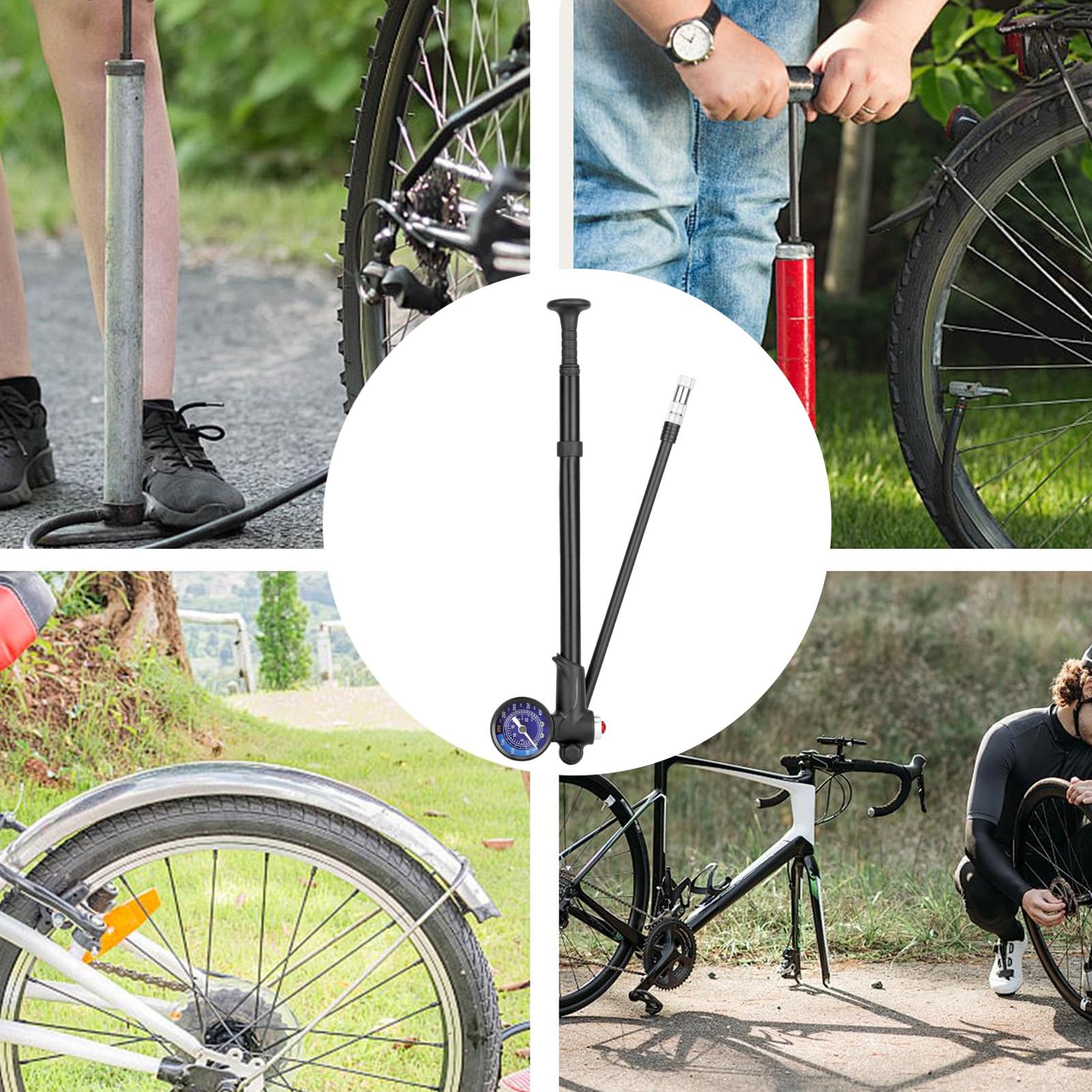Pompe à Vélo Portable Mini - Haute Pression, Buse Double Tête - Pour VTT, Route, Ballons - Avec Support - 10
