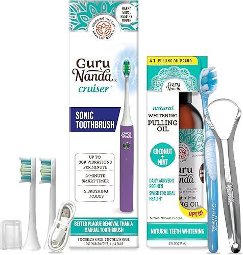GuruNanda Cruiser - Cepillo de dientes sónico (lavanda) con 2 cabezales de cepillo, 1 tapa de cepillo, 1 cable USB y aceite Mickey D para tirar con