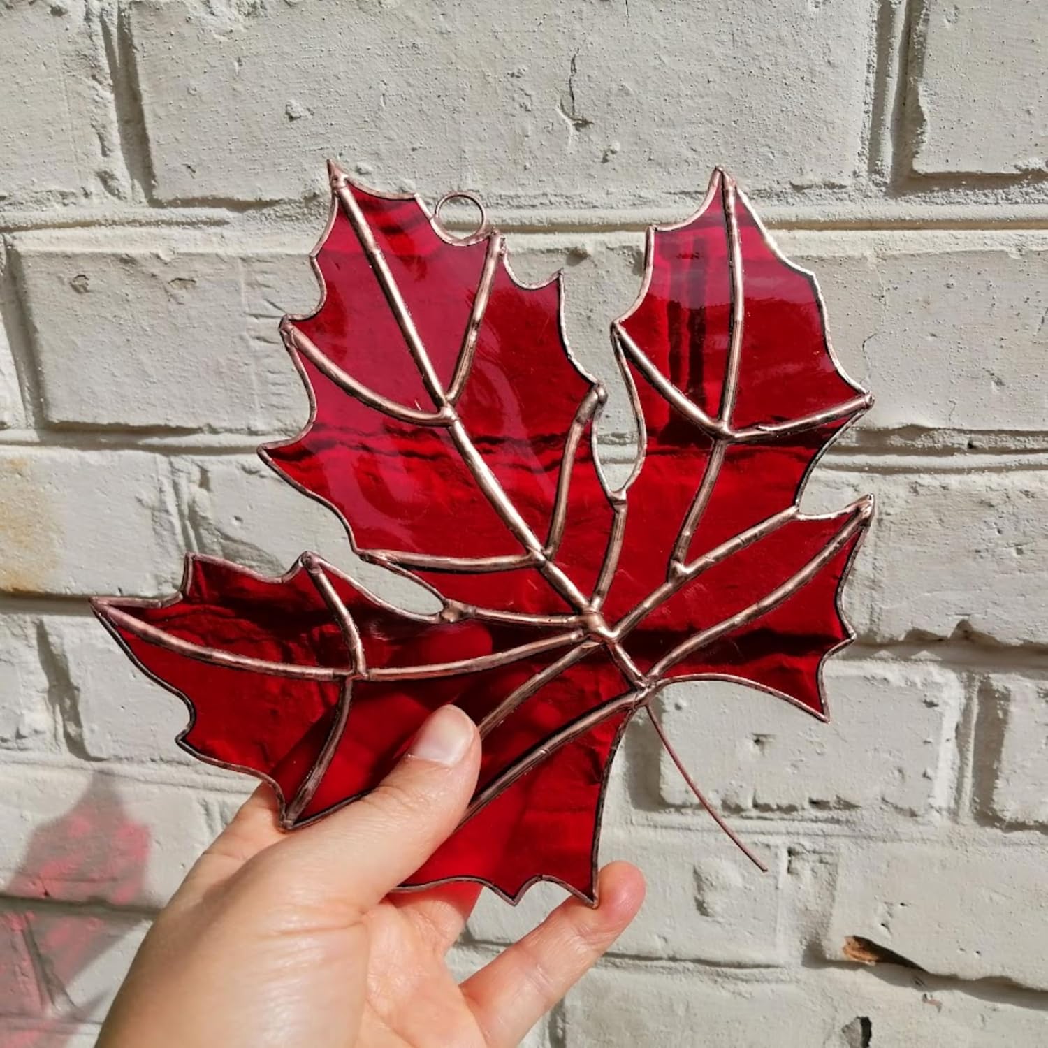 Red Maple Leaf Stained Glass Suncatcher Window Hanging or Wall Decor, Unique Handmade Fall Leaves Art Decoration Home Office Dorm, Decorative Handcrafted Nature Theme Ornament, Boho Autumn Sun Catcher
