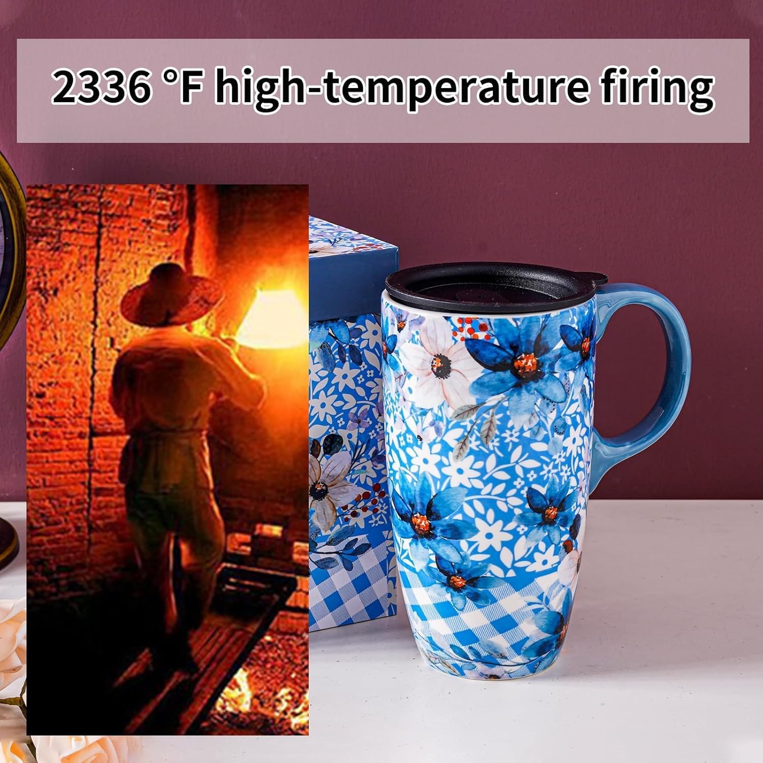 Topadorn Ceramic Travel Mug Porcelain Latte Tea Cup Coffee Mug with Gift Box,17oz.Travel Cup with Lid, Microwave & Dishwasher Safe, Unique Coffee Mug for Latte & Hot Chocolate, Blue Flowers - Image 4