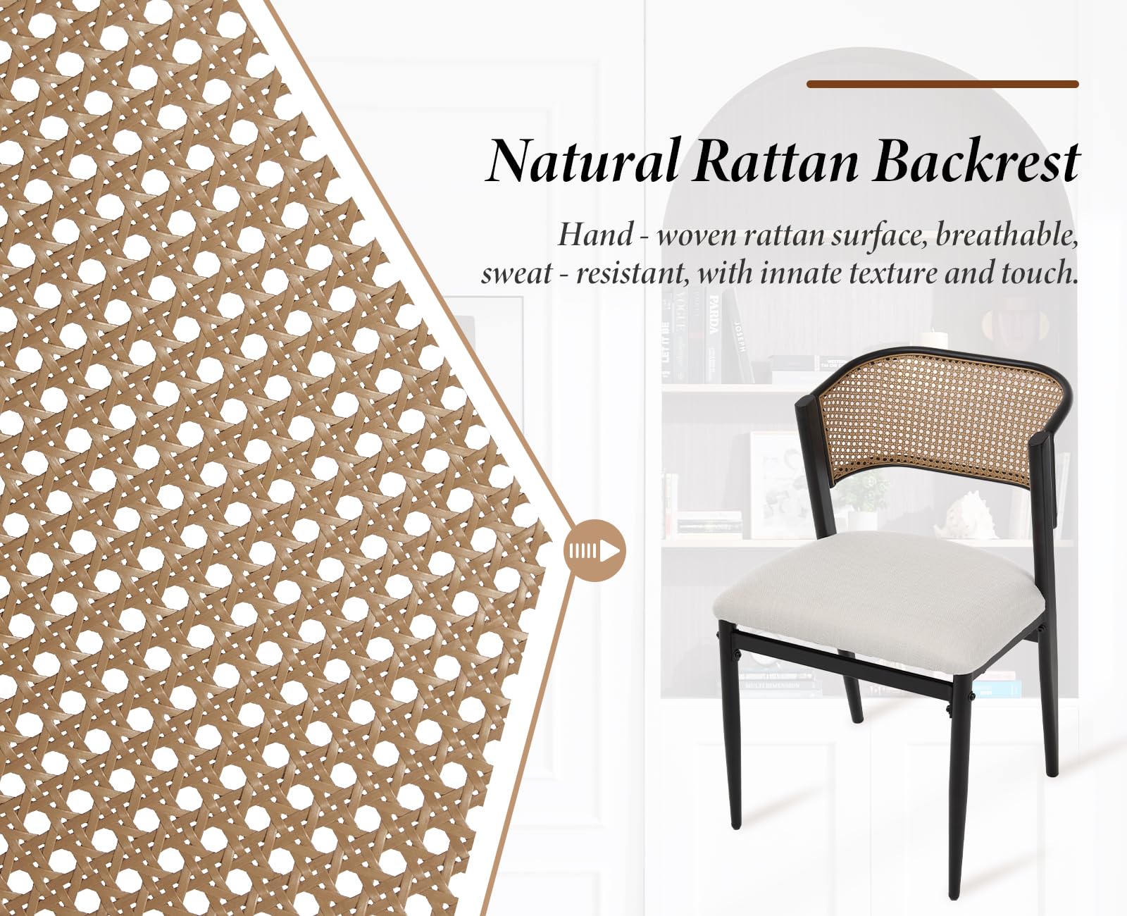 chairus Juego de 2 Sillas de Comedor de Madera Sillas de Cocina con Respaldo de Ratán, Silla Moderna con Asiento de Lino para Mesa/Restaurante, Negro