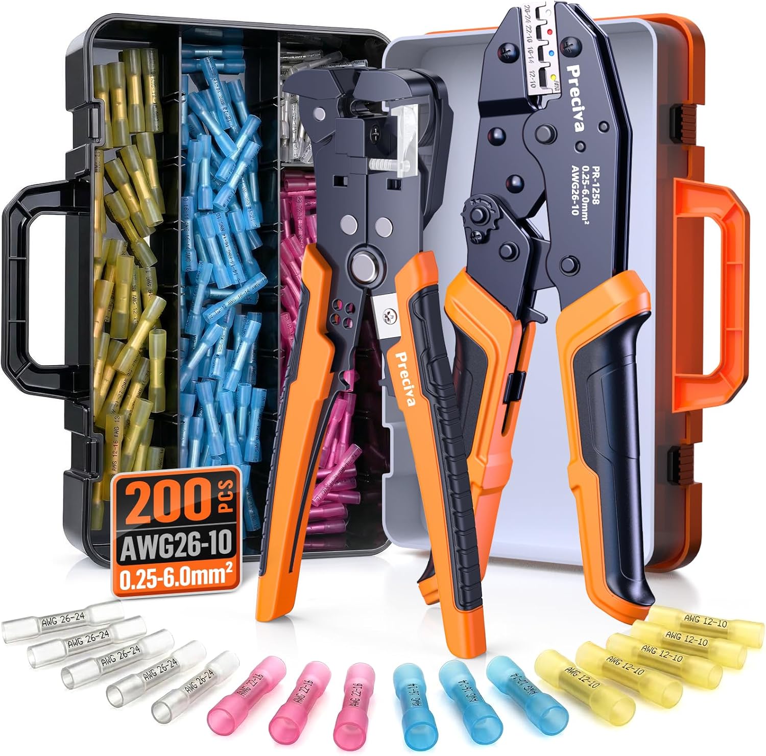 Preciva Wire Crimping Tool Kit with 200pcs Heat Shrink Connectors, Color-Coded Crimper & Wire Stripper, IP67 Waterproof Terminals for 26-10 AWG, All-in-One Electrician Tool Set with Storage Case