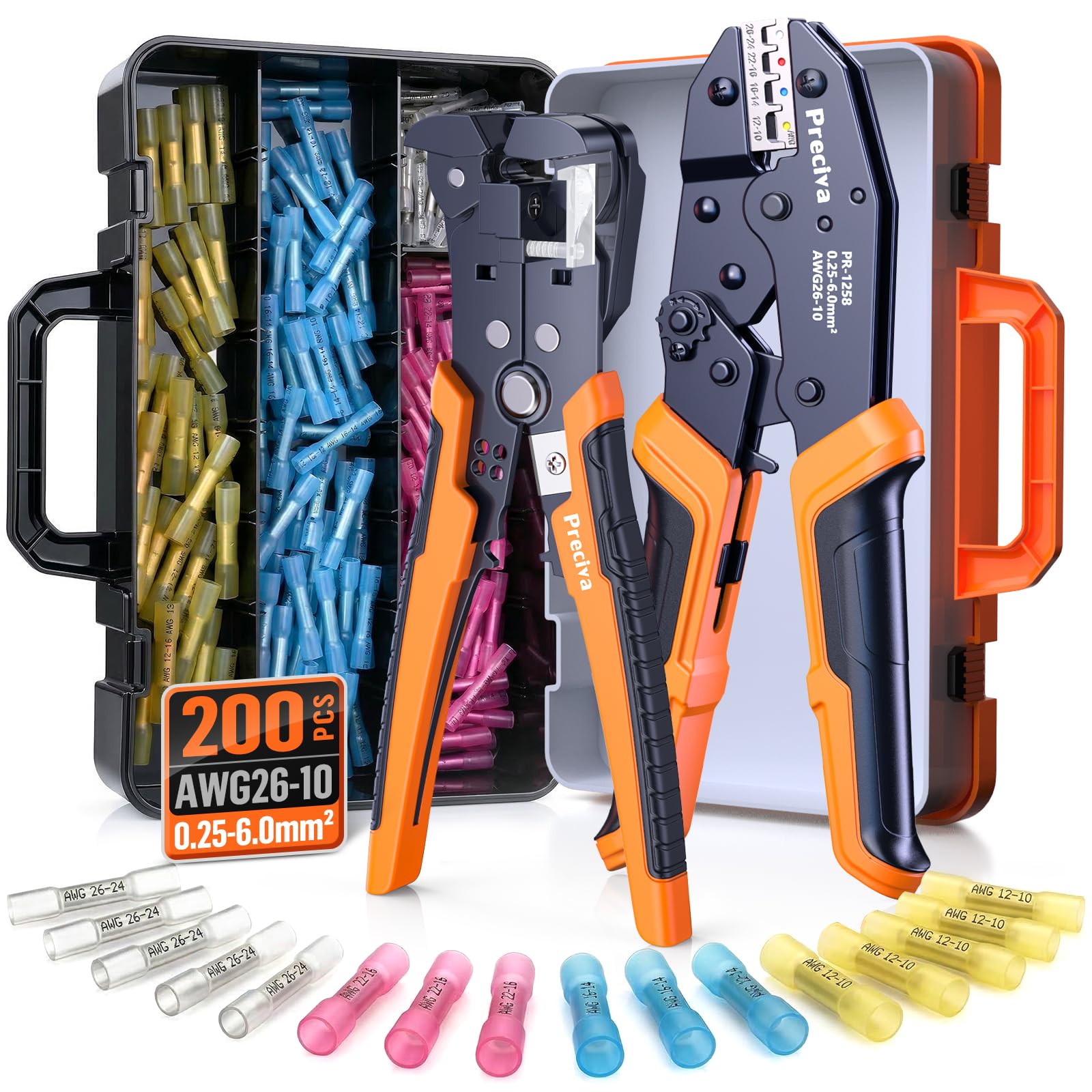 Preciva Crimpzange Kabelverbinder Set, Kabelschuhzange 0.25-6mm² mit Aufbewahrungsbox, Abisolierzange und 200 Stück Schrumpfverbinder