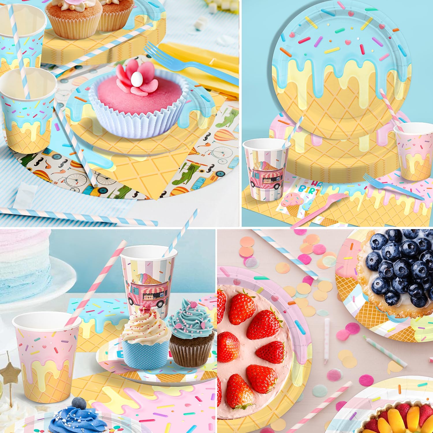 321Pcs Ice Cream Party Supplies for 50 Guests, Include Plates and Napkins, Cups, Forks, Knives with Banner, Tablecloths, Balloons, Ice Cream Theme Birthday Decorations