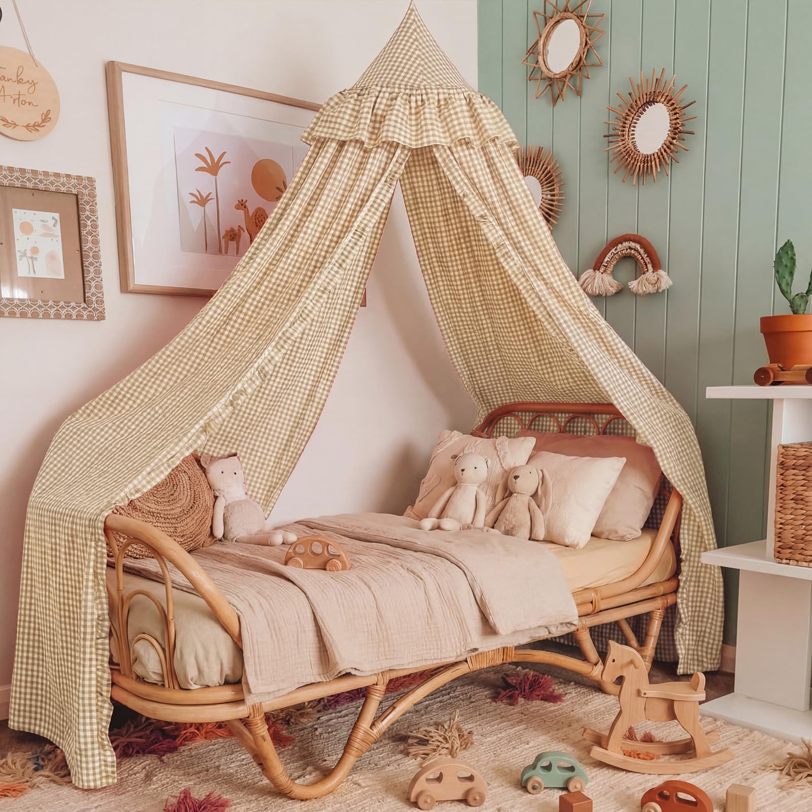 SmoothNovelty Gingham Plaid Bed Canopy with Ruffles Soft Vintage Style Decorative Tent for Reading Nook Play Area or Adult Bedroom Circus Tent Canopy(Beige) — view 6