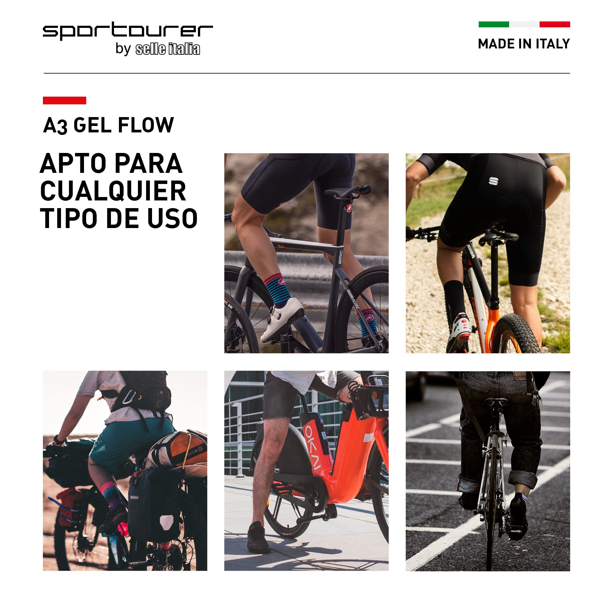 Selle Italia A3 GEL FLOW - Cómodo Sillín de Bicicleta con Gel, Agujero Anatómico, Resistente al Agua y Apto para Todo Tipo de Bicicletas - Negro
