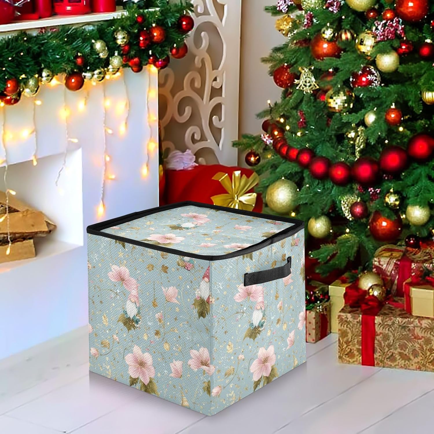 Blue Floral Decor Art Christmas Ornament Storage,Stores up to 64 Holiday Ornament,Adjustable Dividers,Zippered Top,Two Handles Attractive Storage Box Keeps Decorations Clean