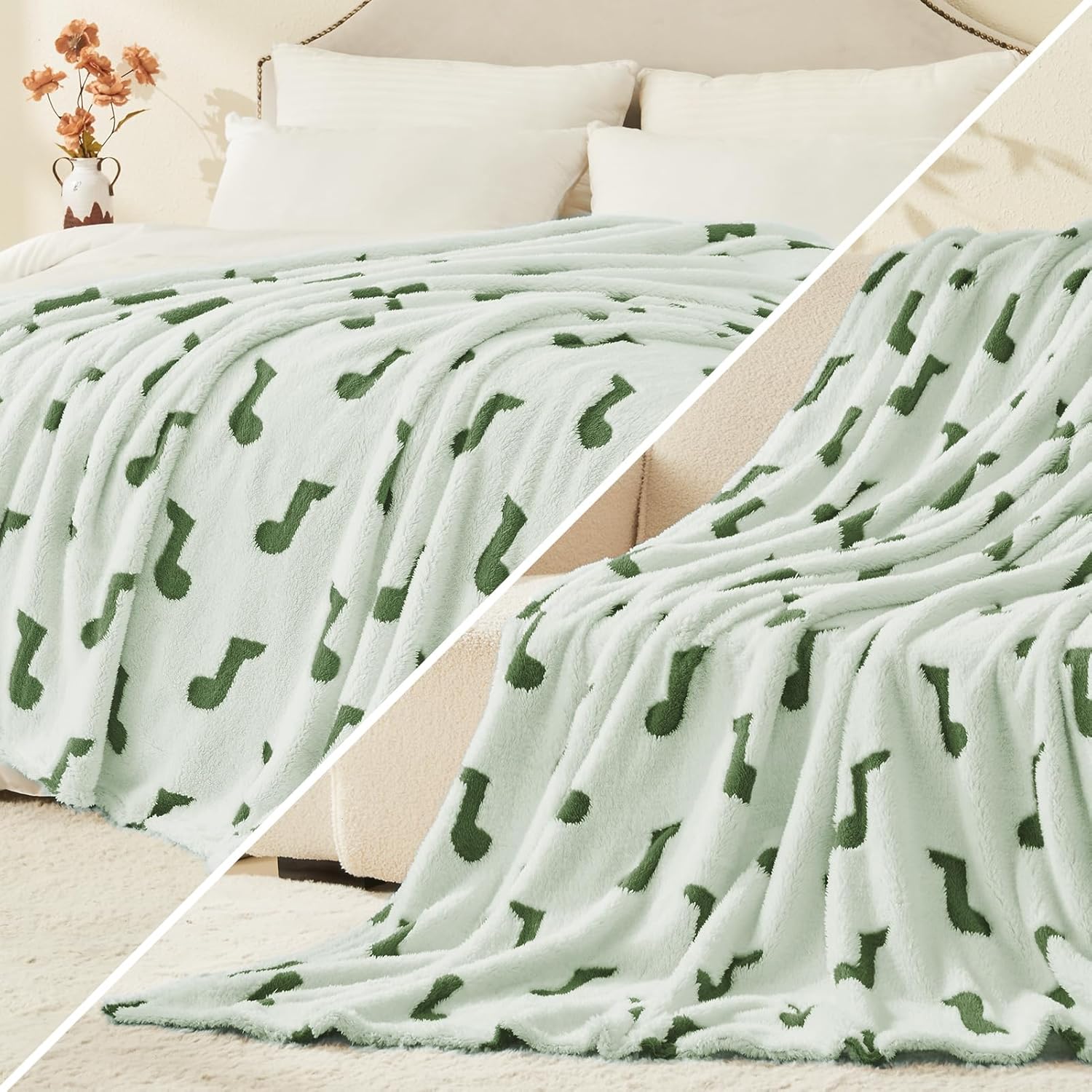 Fluffy Blanket - 3D Music Patterned Fall Blankets and Throws for Living Room Décor, Large Throw Blanket Green Blanket, 108x90 Inches (300GSM)