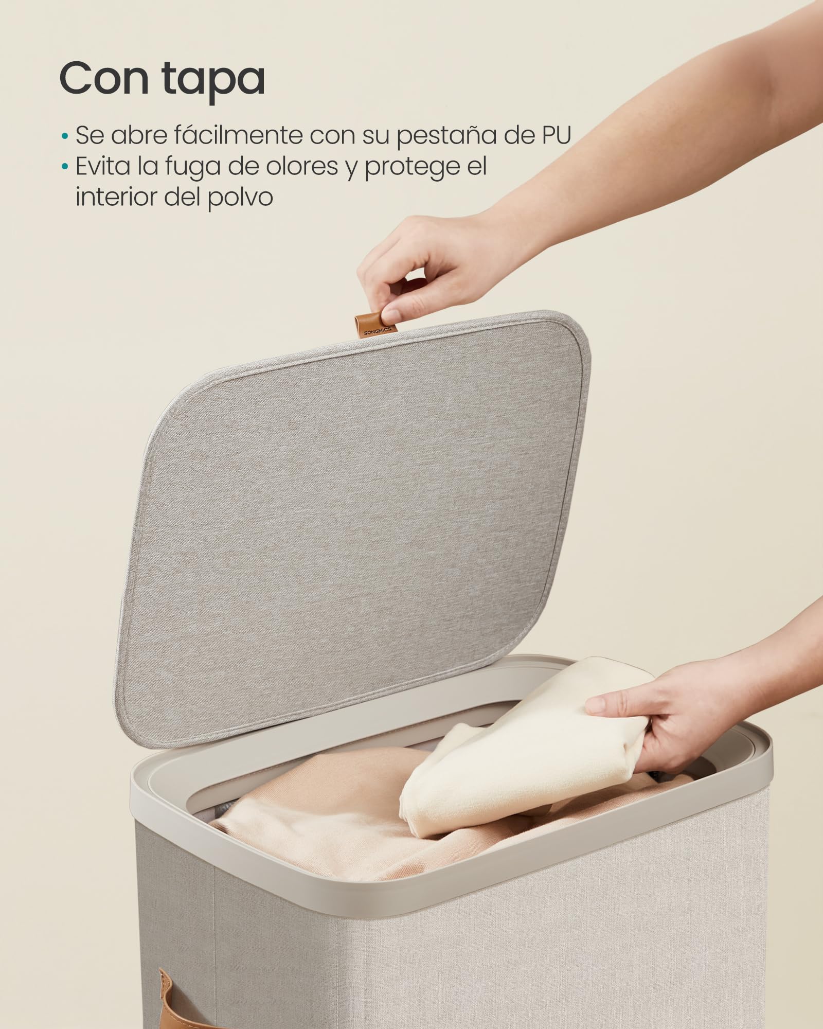 SONGMICS Cesto para la Ropa Sucia, Bolsa de Basura de 100 L, Fácil Montaje, con Asas para la Tapa, Bolsa Interior Extraíble, 42 x 32 x 75 cm, Beige Capuchino LCB811LH01