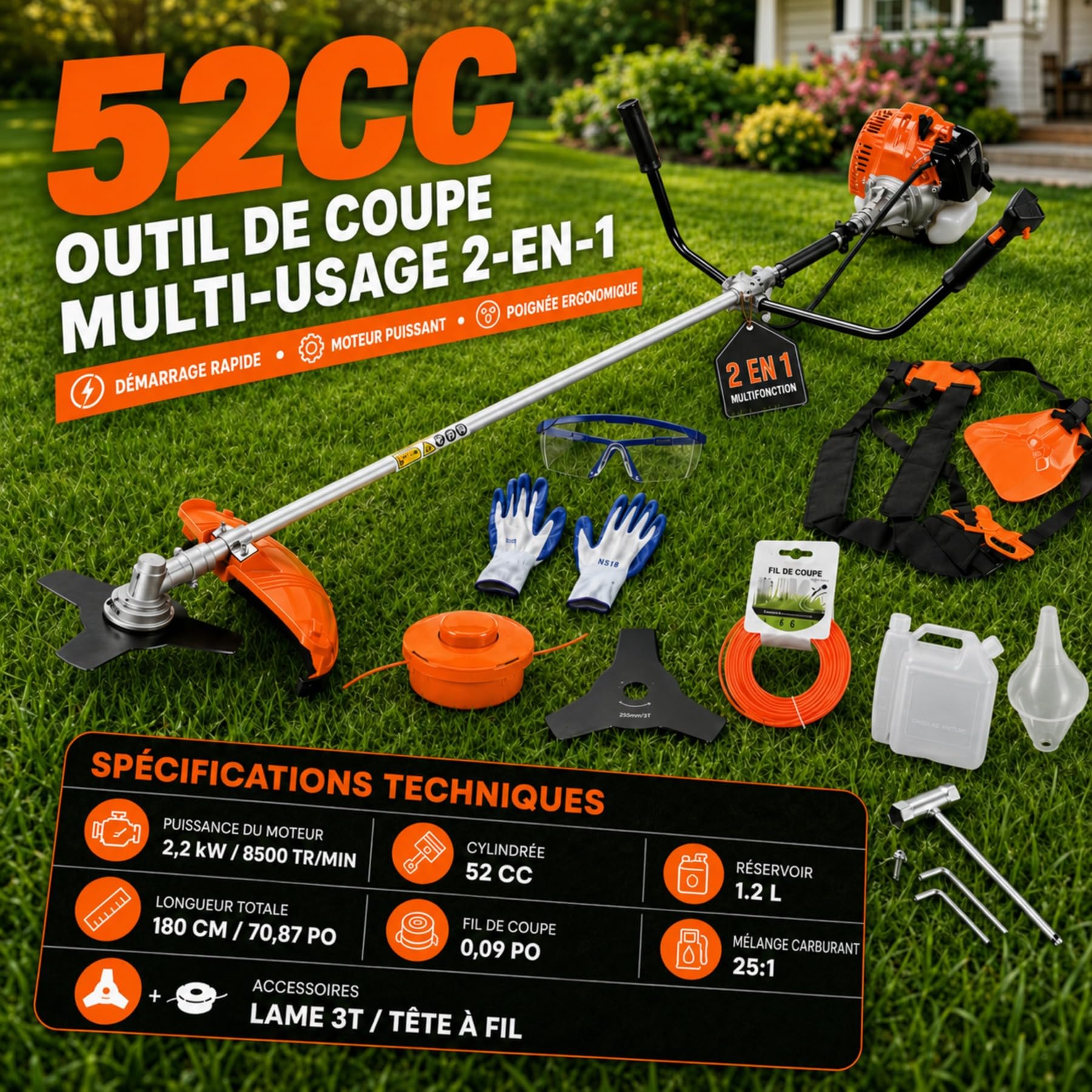 Débroussailleuse Thermique 52 cm³, Débroussailleuse Essence 2 Temps 2,2 KW 8500 TR/Min, 2 en 1 Coupe-Bordure avec Lame 3 Dents, Tête à Fil, Guidon en U Anti-Vibration