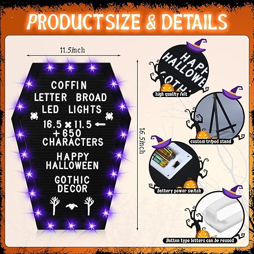 Miniatura 2 de Sintuff Tablero de letras de ataúd con soporte, luces LED integradas, 620 caracteres, estilo de Halloween, decoración de tablero de letras gótico