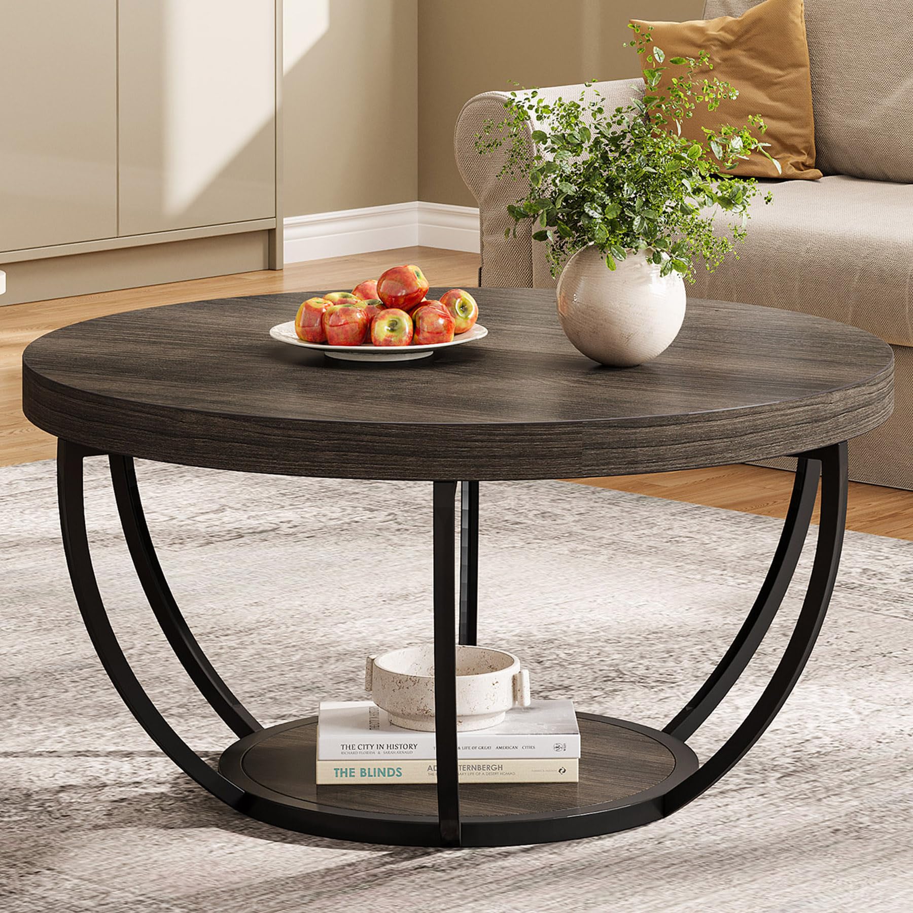 Tribesigns Round Coffee Table, 31.7" Wooden 2-Tier Circle Coffee Table with Storage Shelves, Modern Accent Cocktail Table Center Table for Living Room, Grey