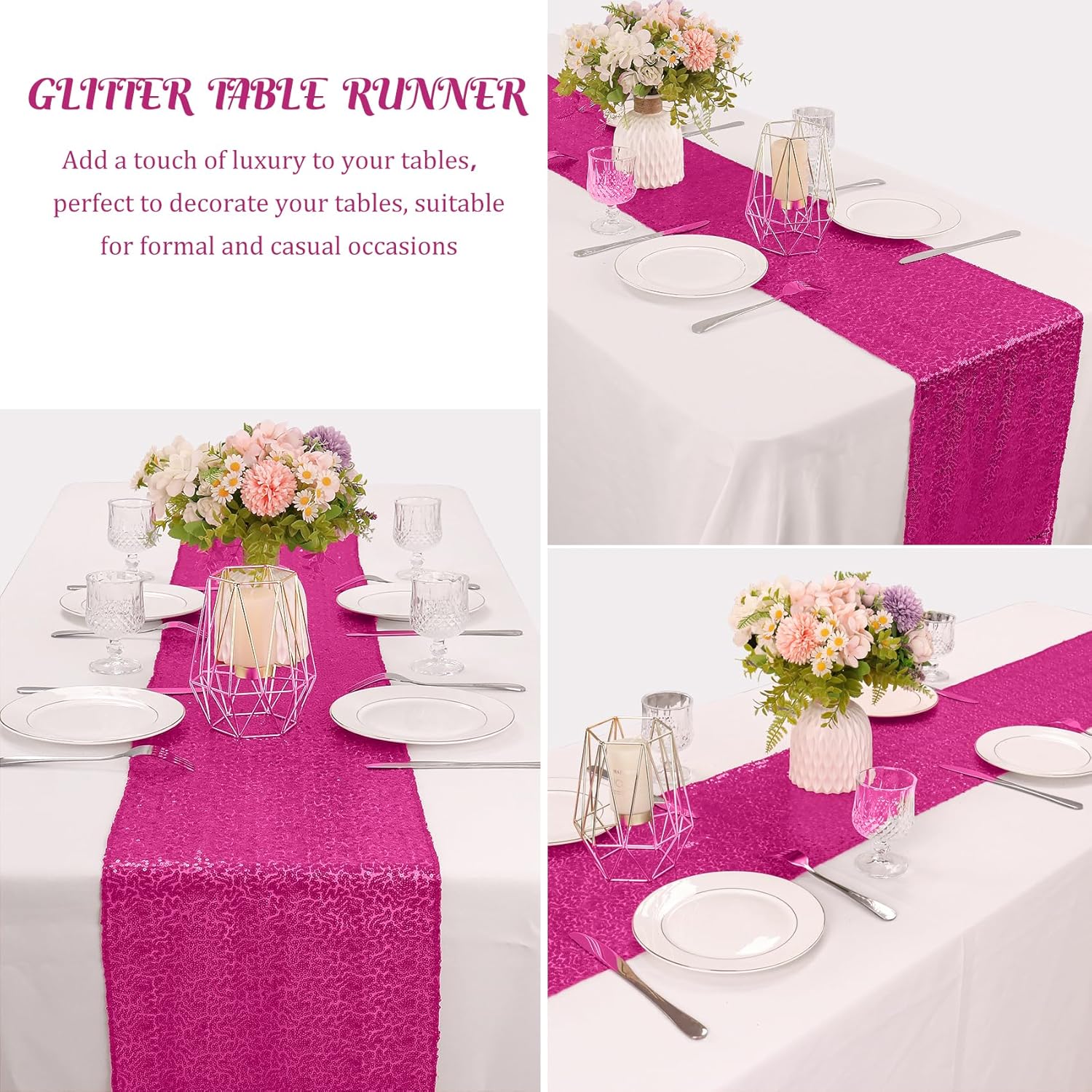 6 Pack Hot Pink Valentine's Day Sequin Table Runner 12" x 72" Sparkle Table Runner for Baby Bridal Shower Wedding Birthday Party Table Decor (Hot Pink)