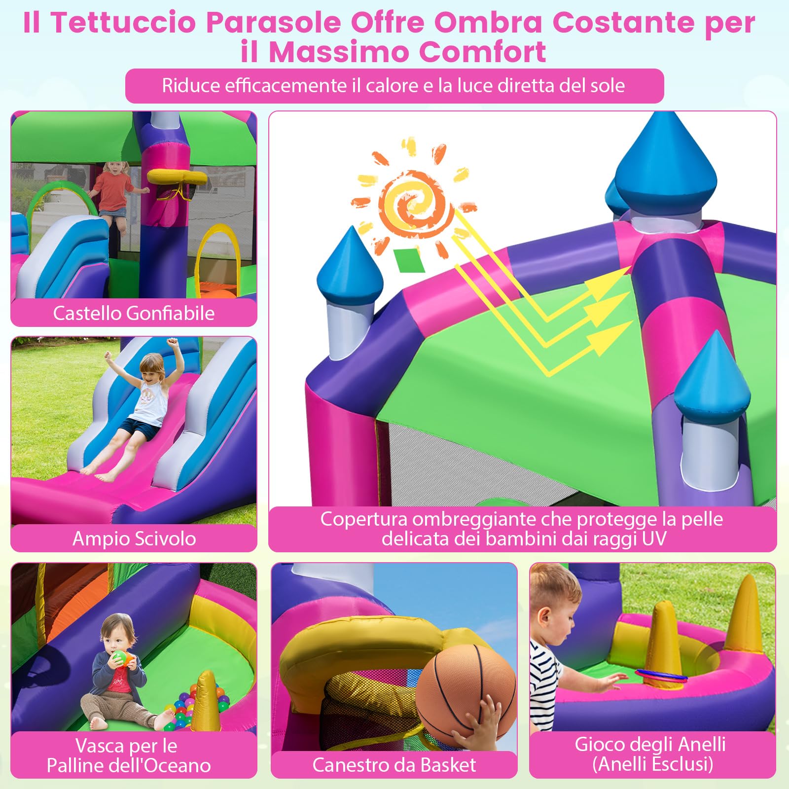 COSTWAY Castello Gonfiabile con Tettuccio, Casa Gonfiabile con Scivolo, Trampolino e Canestro da Basket, per 2 Bambini di 3-10 Anni, 385 x 332,5 x 300 cm