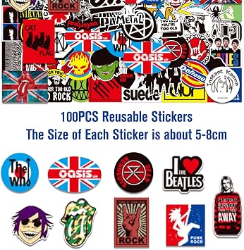Rock and Roll Music Stickers, 100Pcs Trendy Music Band Stickers Packs for Classic Rock Guitar Sticker for Adults Vinyl Waterproof Decals Fashion Hip-Hop Decals Graffiti Sticker for Teens Adults