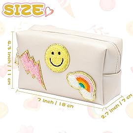 LieToi Preppy Patch Small Cosmetic Toiletry Bag Smile Rainbow Lightning PU Leather Waterproof Portable Cosmetic Makeup Bag Travel Organizer Pouch for Toiletries Storage Women Girls Gift (Shell White)