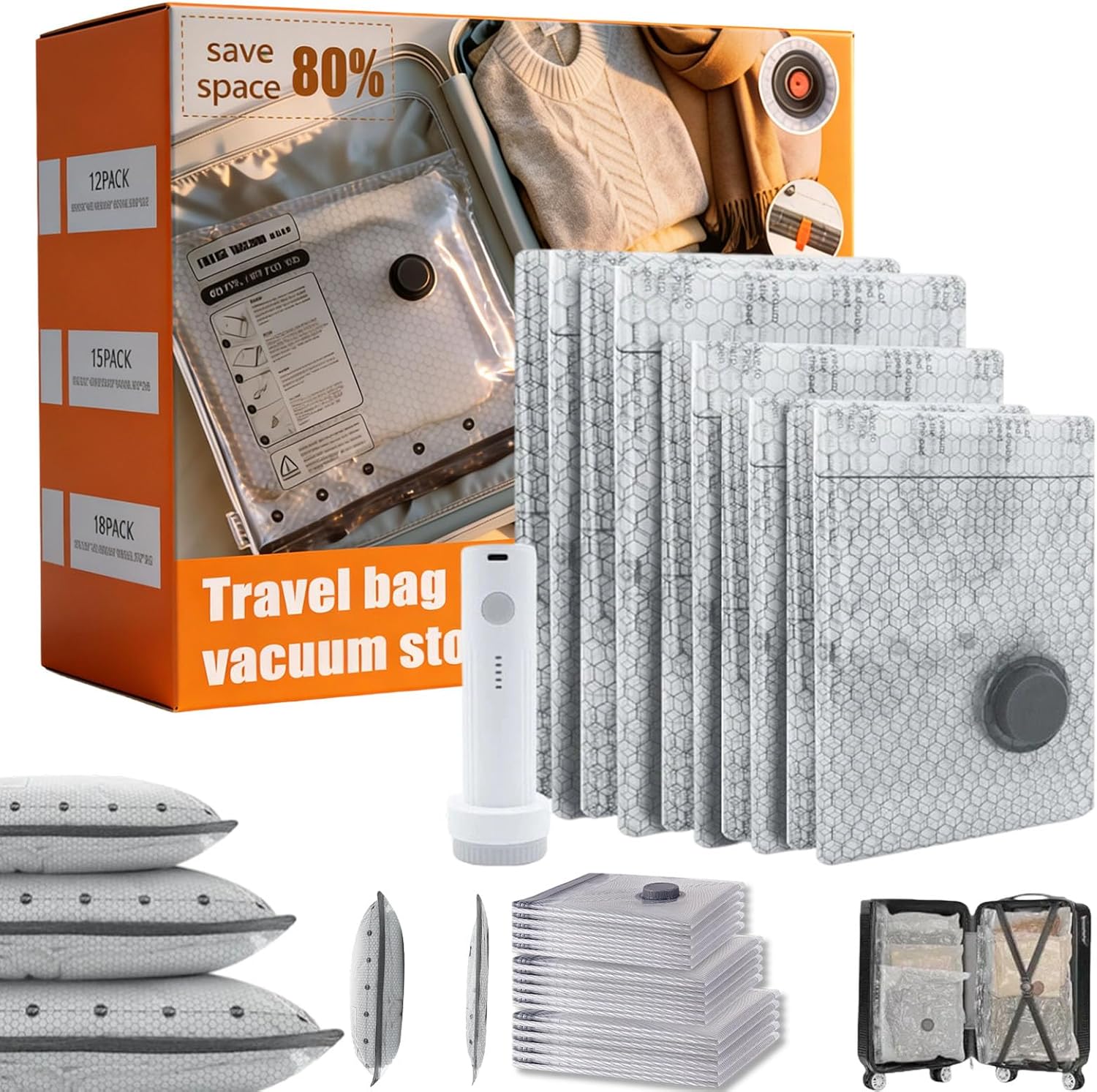 Cordless Travel Vacuum Storage Compression Bag Set, Electric Rechargeable Vacuum Pump with Space Saver Bags for Suitcase, Clothing & Bedding, Portable Handheld Air Pump, Type-C Charging (18-piece set)