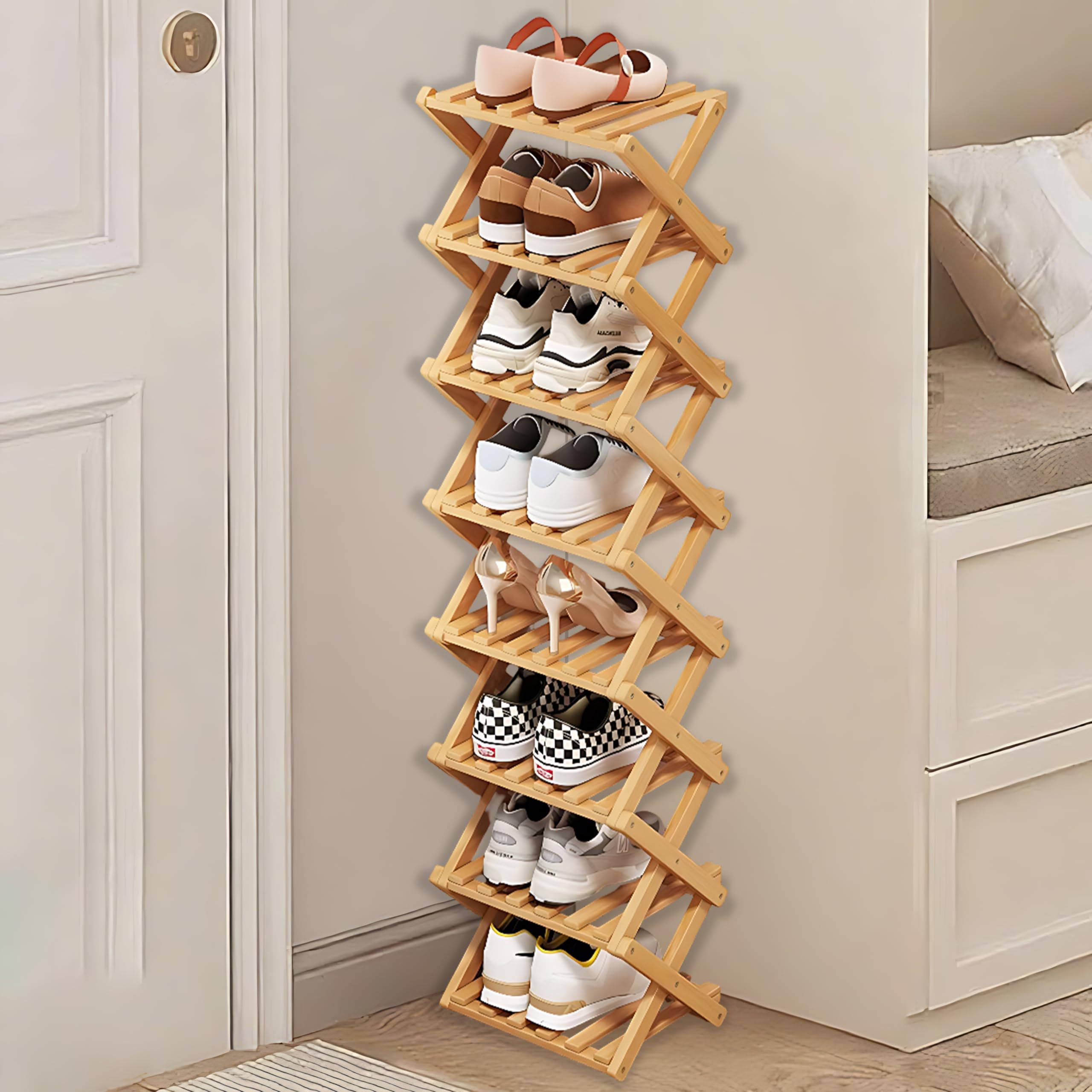 kiss me 8 Tier Bamboo Foldable Shoe Rack Small,Vertical Wooden Shoe Racks,Small Shoe Rack for Narrow Space Without Installation, Indoor for Hallway, Entryway,Corner,Bedroom (Natural-8 Tier)