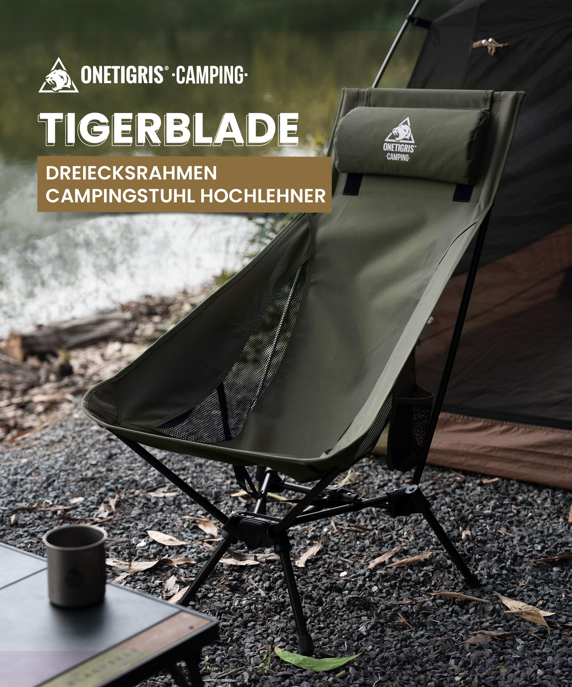 OneTigris TIGERBLADE Krzesło kempingowe z wysokim oparciem, składane, 170 kg, lekkie krzesło kempingowe, trójkątna rama, krzesło wędkarskie, składane z 2 kieszeniami bocznymi, ultralekkie krzesło do
