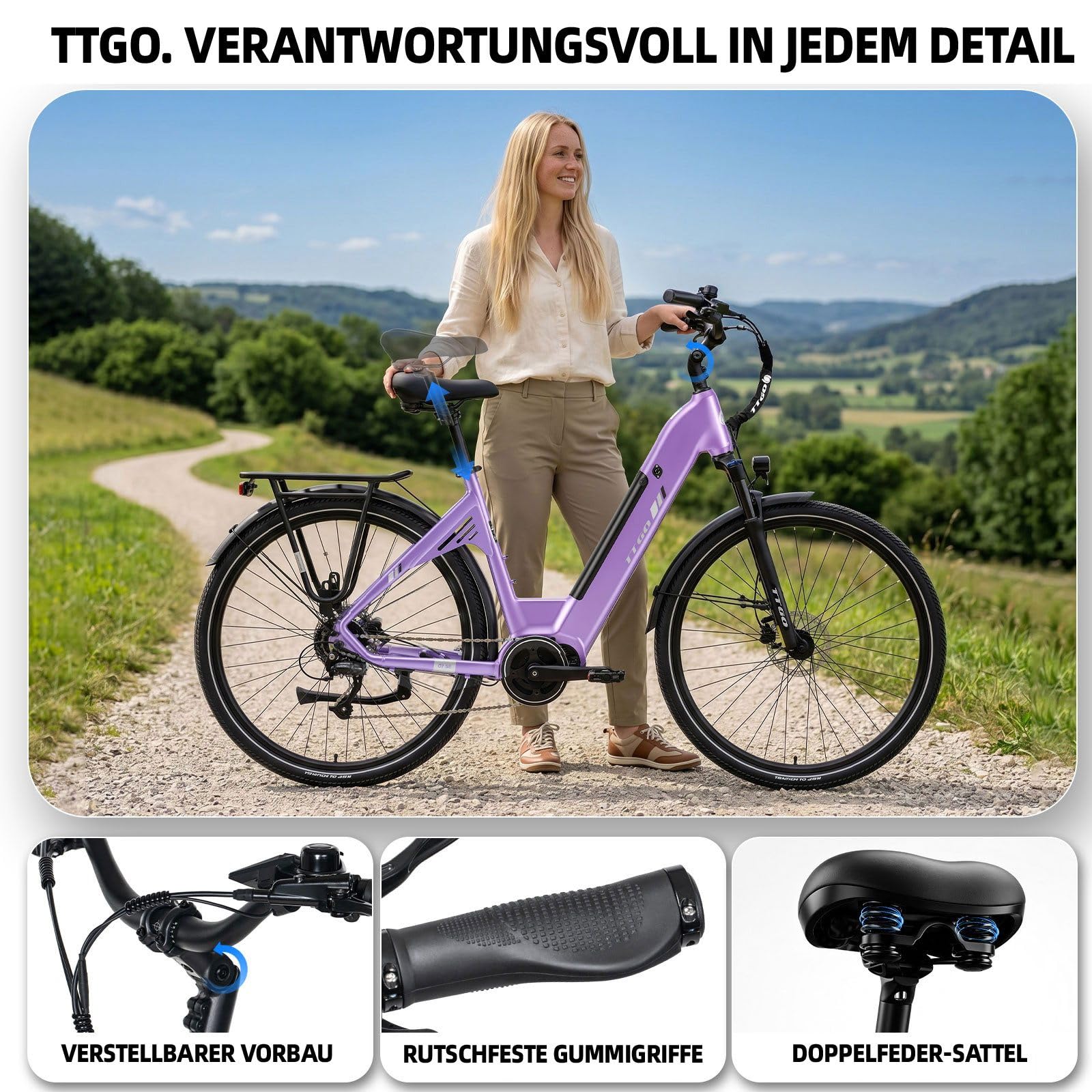ttgo C7 SE E-Bike 28 Zoll für Damen und Herren, Elektrofahrrad mit 250W Mittelmotor, 36V 18Ah Akku, 9-Gang bis 25 km/h, 130–150 km Reichweite, Hydraulische Scheibenbremsen